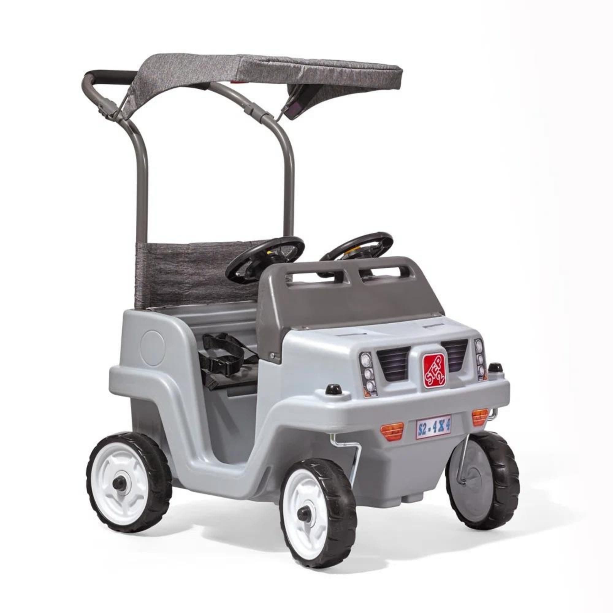 Step2 Side-by-Side Push Around SUV, Kids Push Car, 2 Seats, Stroller Substitute, Includes Seat Belts & Horns, Made of Durable Plastic, Grey
