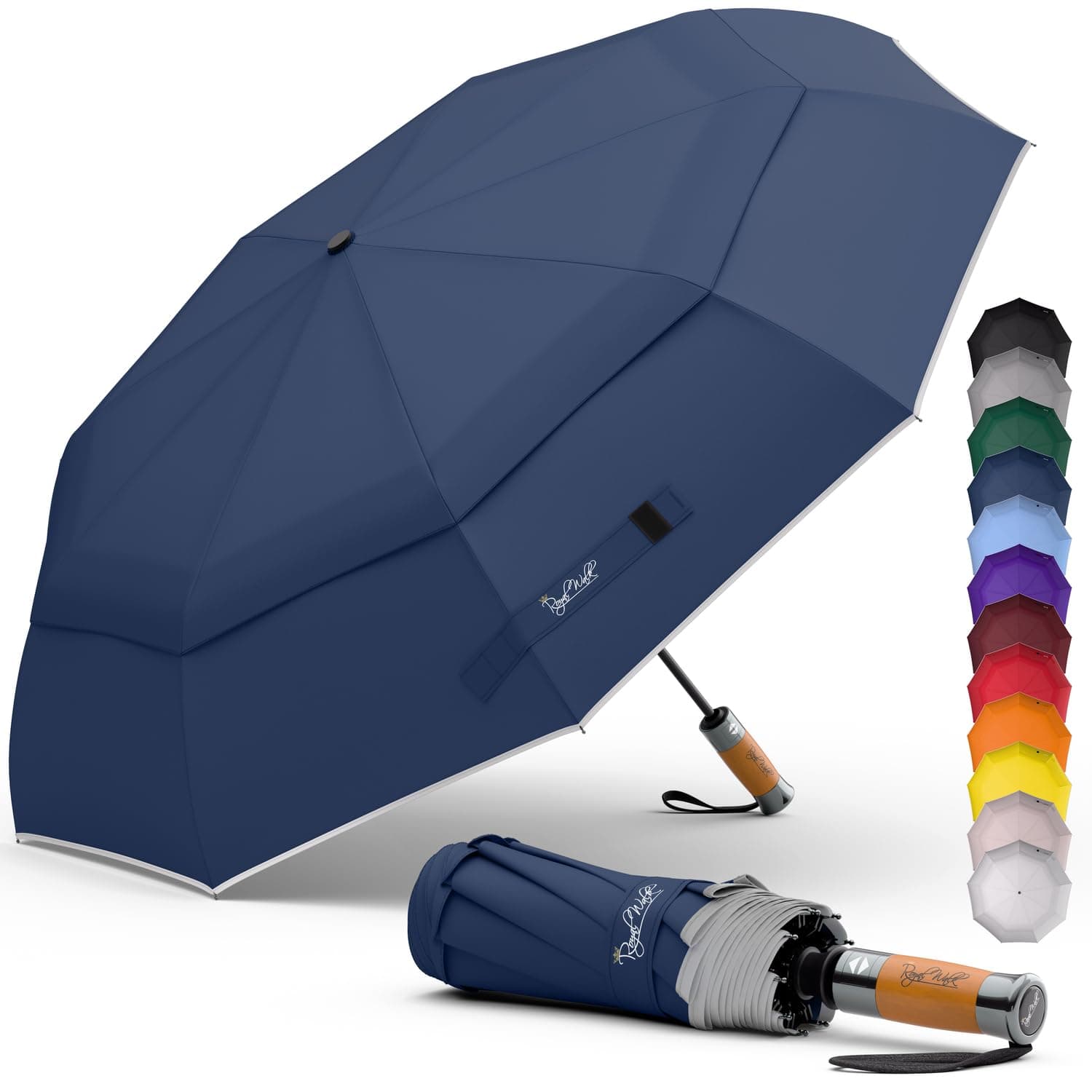 Windproof Folding Travel Umbrella Compact and Strong Luxurious Real Wood Handle Automatic Open Close Vented Double Canopy for Men and Women (Dark Blue)