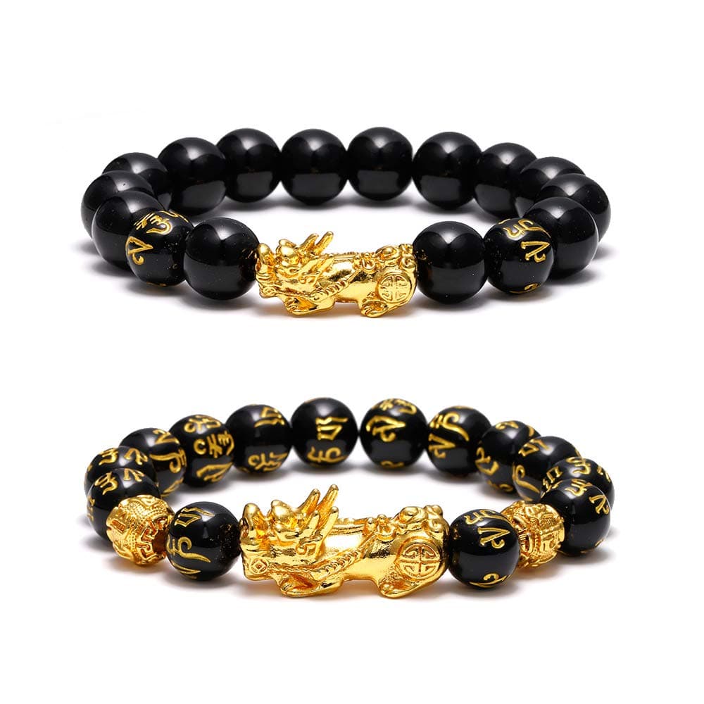 FUTTMI Pi Xiu Bracelet for Men Women - Feng Shui Black Obsidian Wealth Bracelet Adjustable Elastic Good Luck Beads Bracelet Set