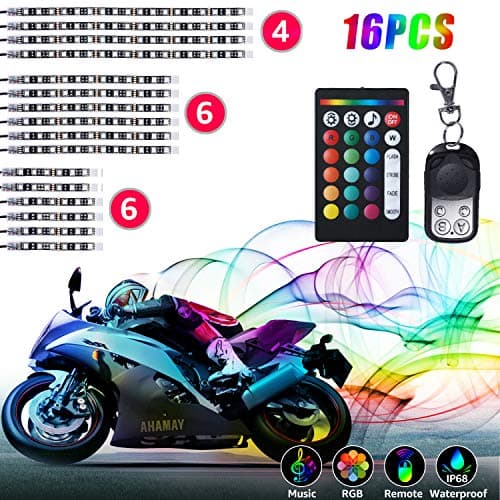 16Pcs Motorcycle LED Lights, HRDJ Strips Kit Multi-Color Accent Glow Neon Lights Lamp Flexible with Remote Controller for Harley Davidson Honda Kawasaki Suzuki Ducati Polaris KTM BMW