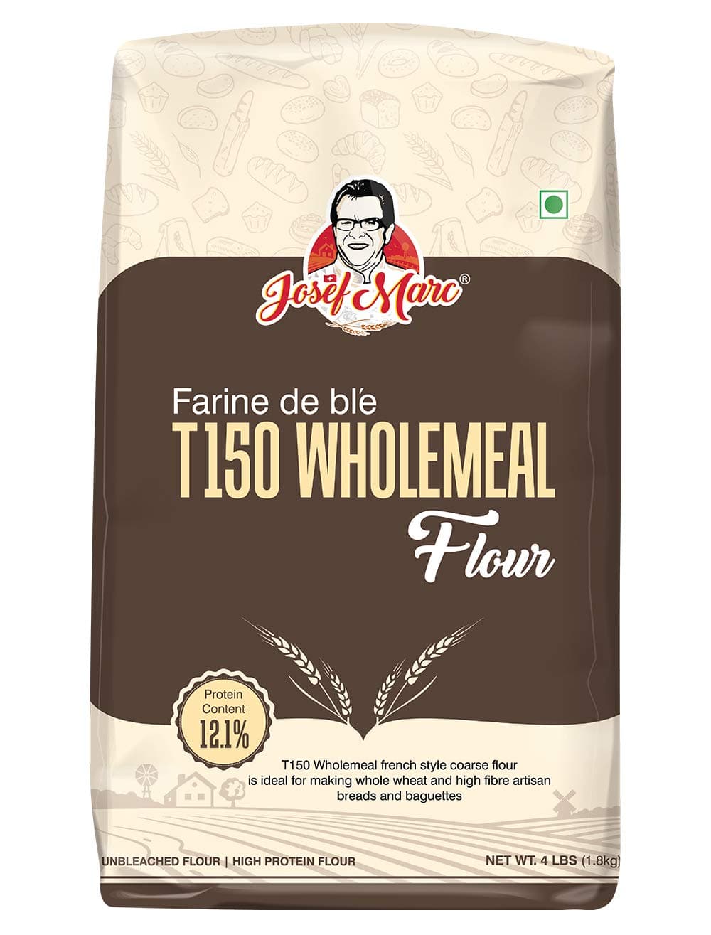 JOSEF MARC Farine De Bl'e T150 Whole Meal Flour, 4 LBS (1.8kg) - Unbleached & High Protein Flour, Type 2 Italian Flours.