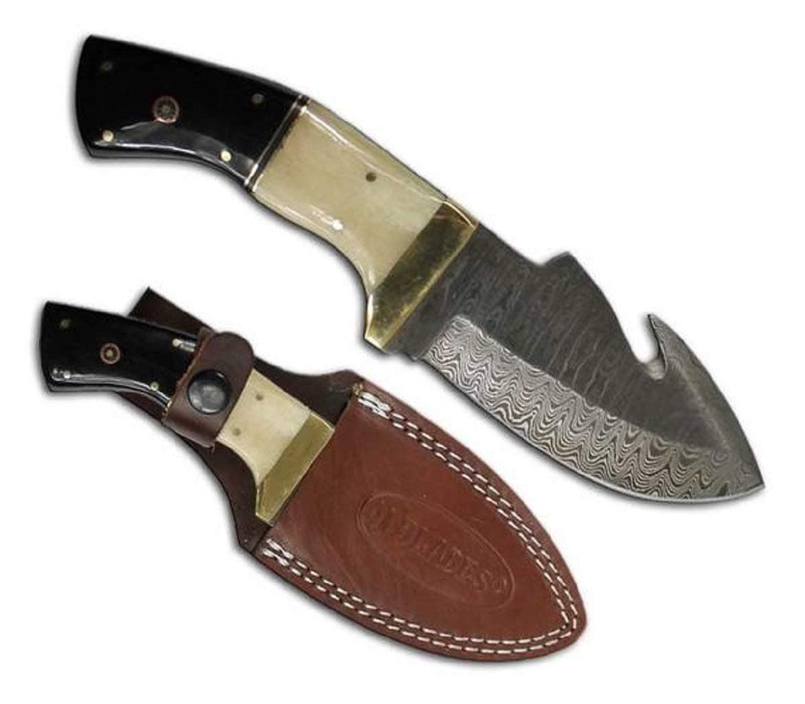 AJ-8309-DB 8.5" Horn/Bone Handle Damuscus Gut-Hook Blade Hunting with Leather Sheath Knife