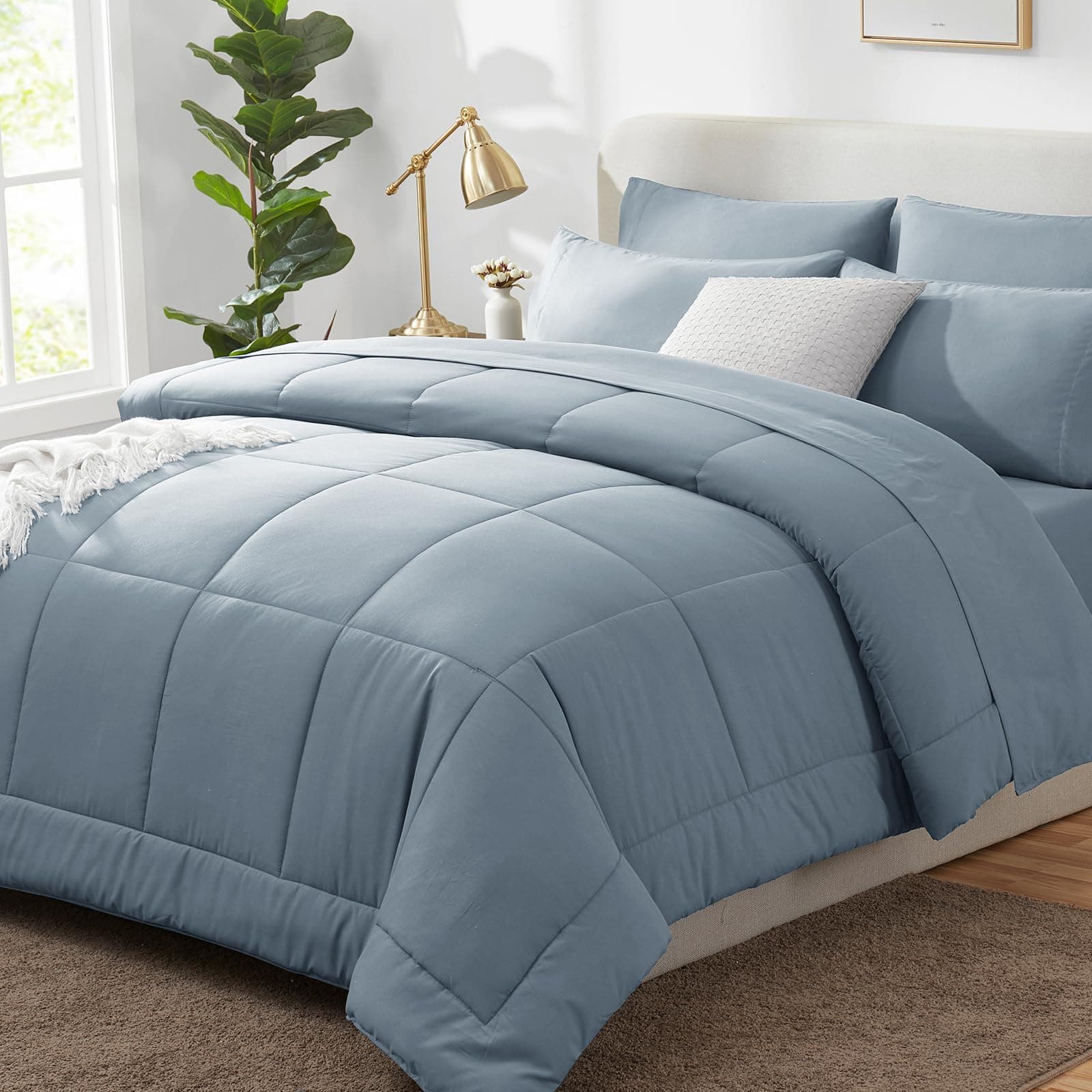 CozyLux King Size Comforter Set Grayish Blue, 7 Pieces Bed in a Bag, Dusty Blue Comforter King Size, All Season Bedding Sets with Stitch Quilted Comforter, Flat Sheet, Fitted Sheet, Pillowcases
