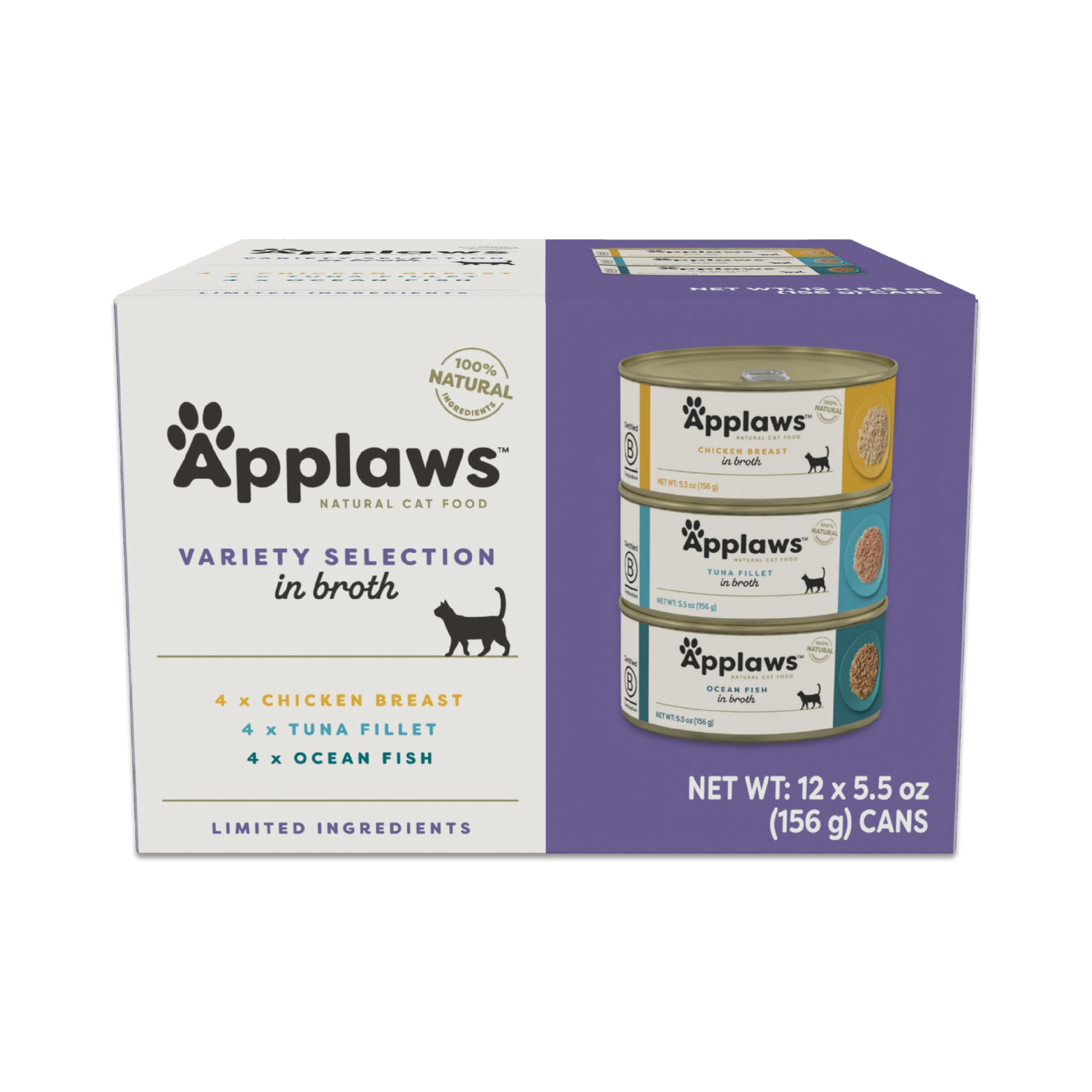 Natural Wet Cat Food in Broth, Limited and Natural Ingredients, High Protein with No Artificial Additives, Variety Pack in Broth (12 x 5.5oz Cans)