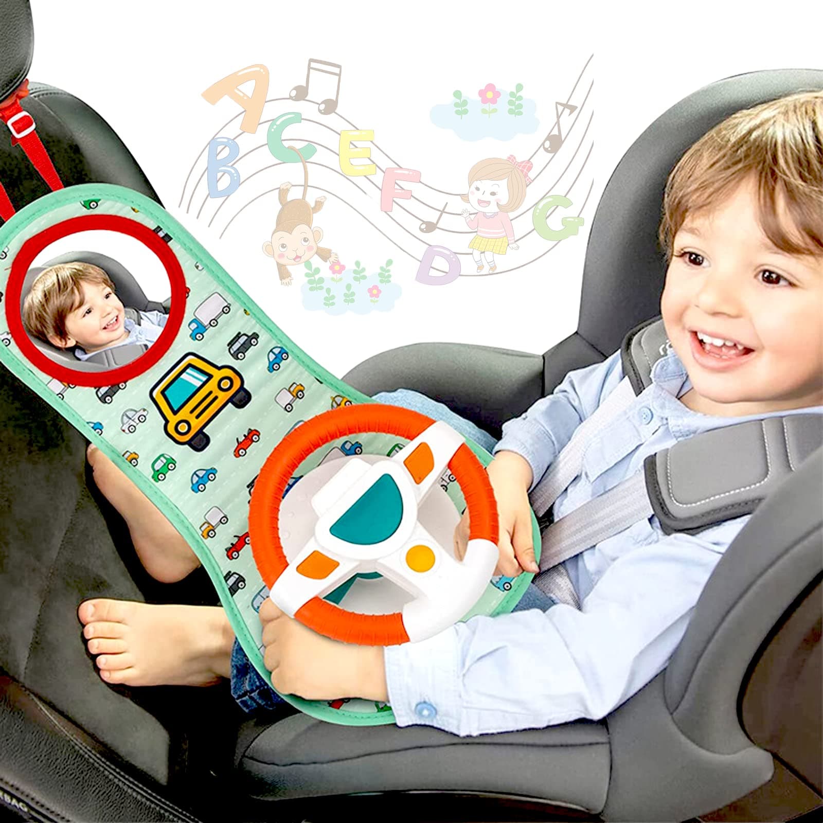 COVTOY Baby Car Seat Toys for Infants with Mirror, Steering Wheel, Music Lights, Driving Sounds - 6-12 Months