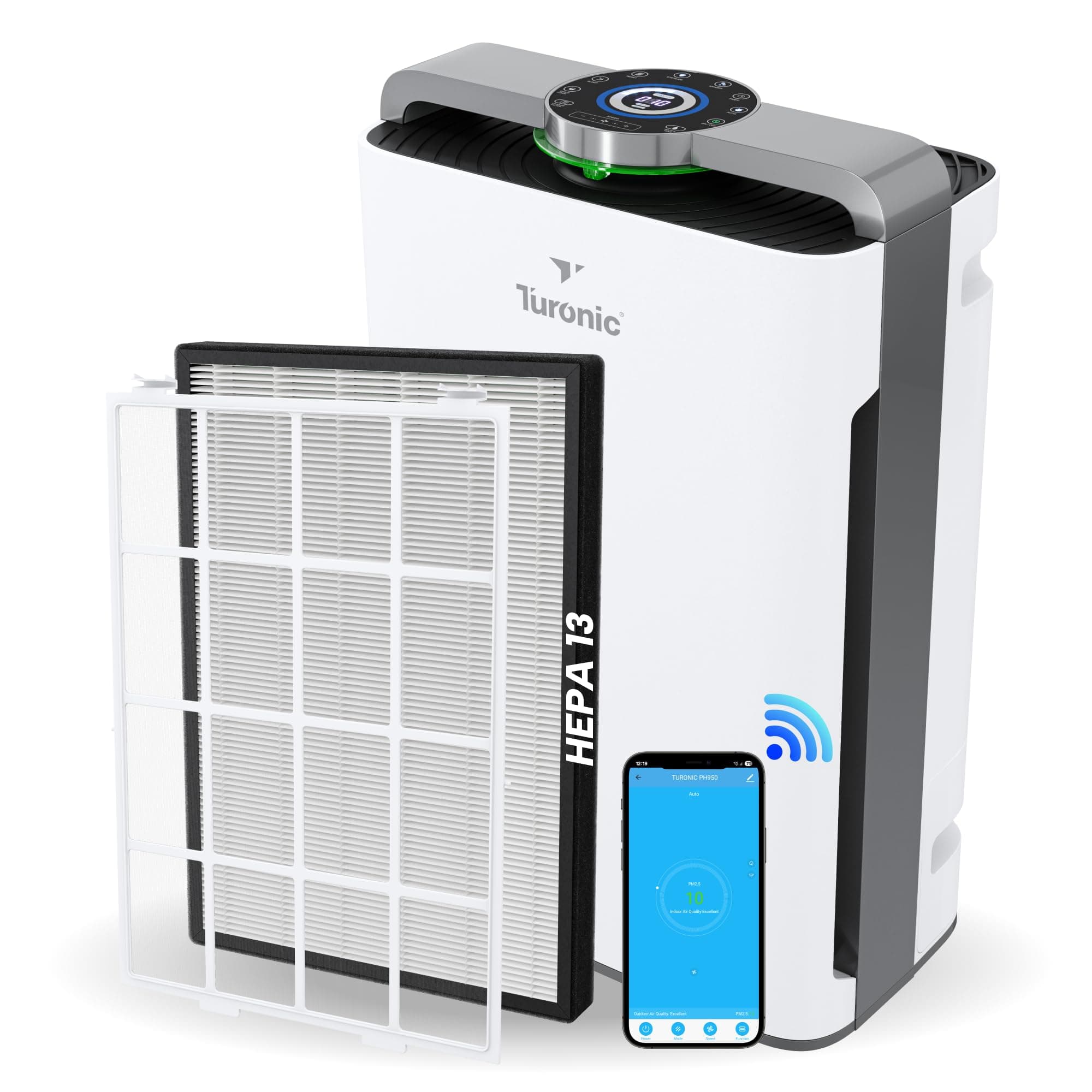 Turonic PH950 - Air Purifier And Humidifier Combo, Large Room Air Cleaner For Home - up to 4200 Sq Ft, 8-Stage Purification w/True Hepa 13 Filter, UV Light & Ionizer, Smart Auto Mode, Wi-Fi control