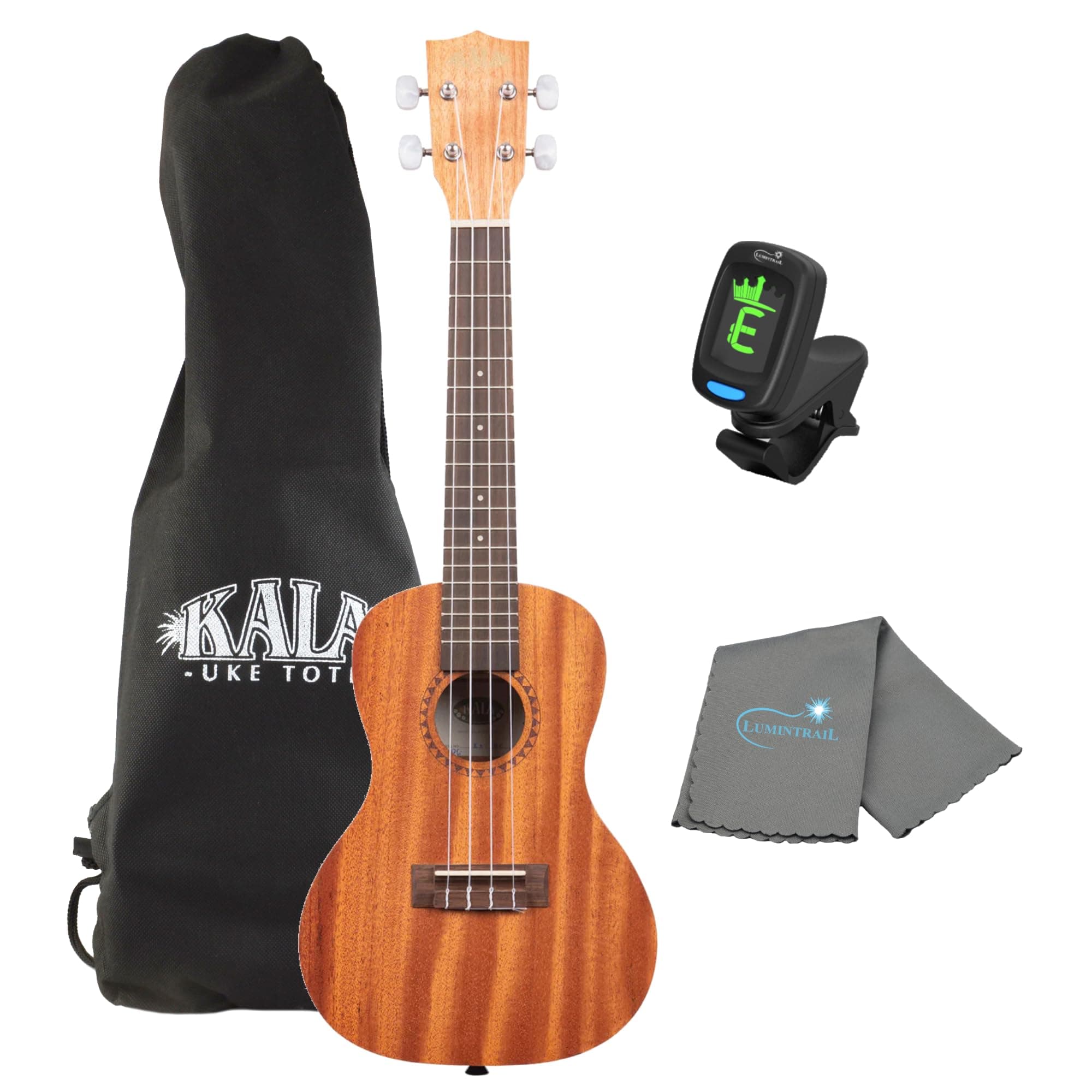 KalaSatin Mahogany Concert Ukulele KA-15C Bundle with a Tuner and Polishing Cloth
