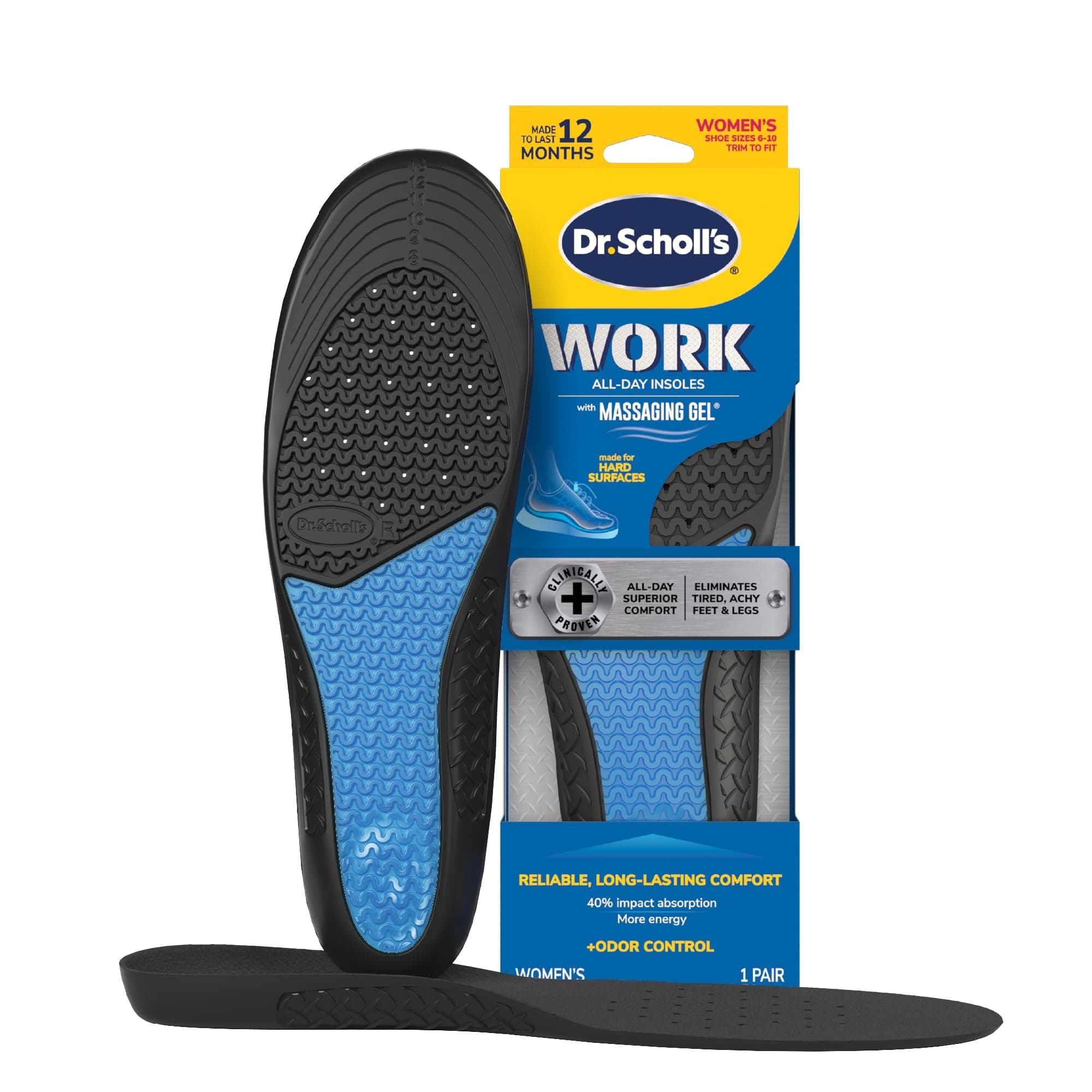 Work All-Day Superior Comfort Insoles (with) Massaging Gel, Women, 1 Pair, Trim to Fit