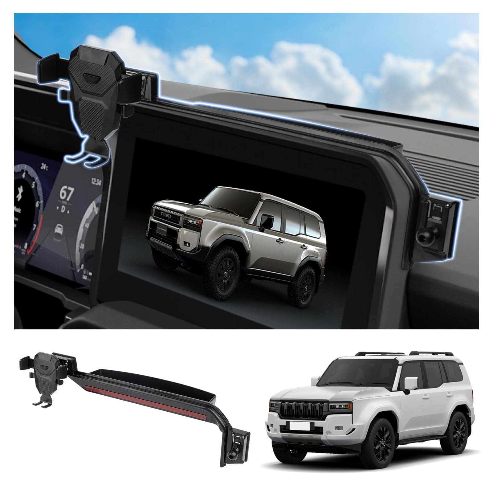 FIILINES Dashboard Storage Tray & Phone Holder Compatible with Cruiser Prado LC250 2024 2025 (Fit 12.3" Touch Screen) Dash Center Console Organizer Cell Phone Mount Interior Accessories