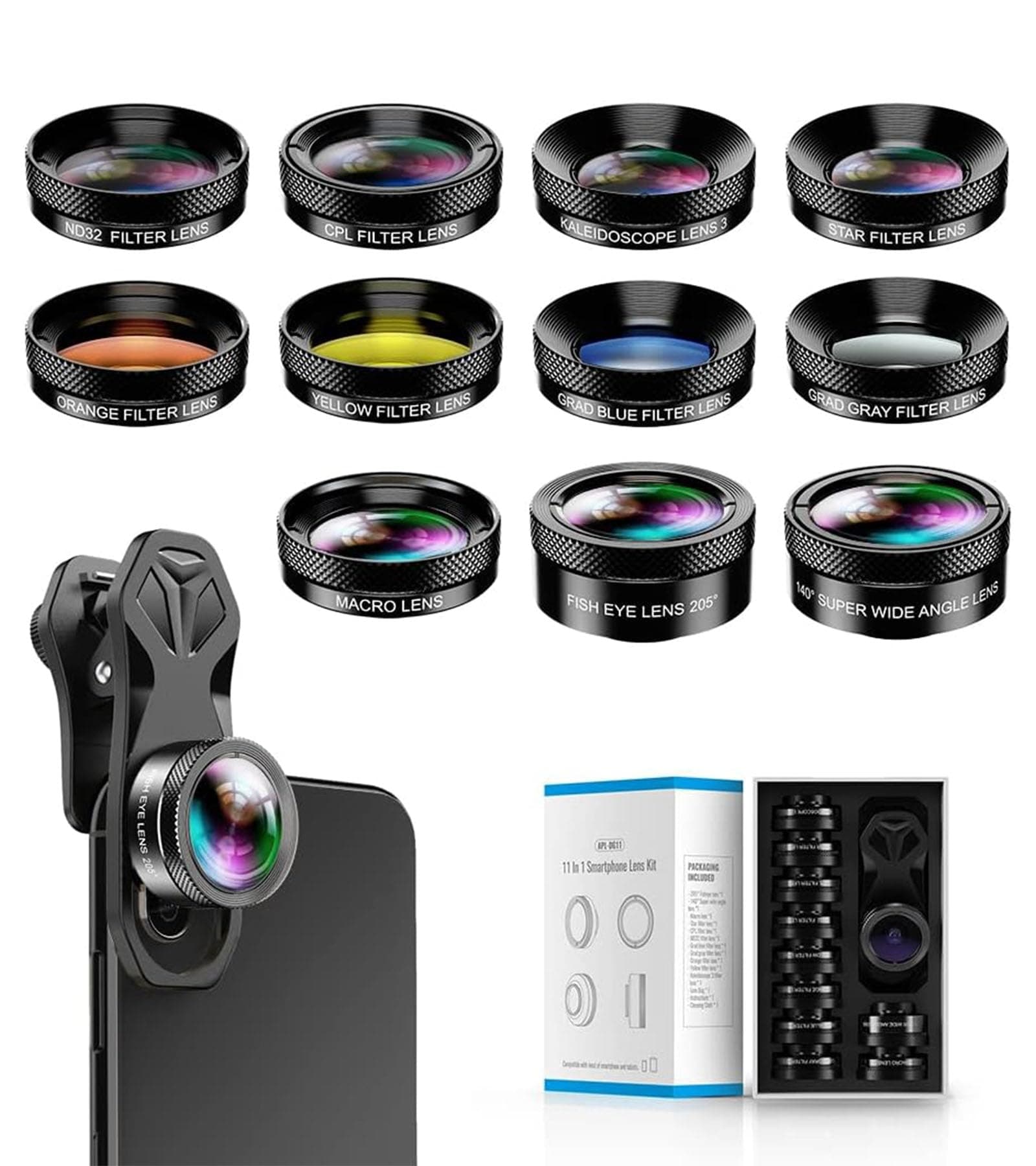 Apexel 11 in 1 Smartphone Photography Set, Camera Lens for Smartphones, Wide Angle Lens + Fisheye Lens + Macro Lens + CPL + Flow, Kaleidoscope, Star Lens + Color Lens + Compatible with iPhone, Android Tablets and More