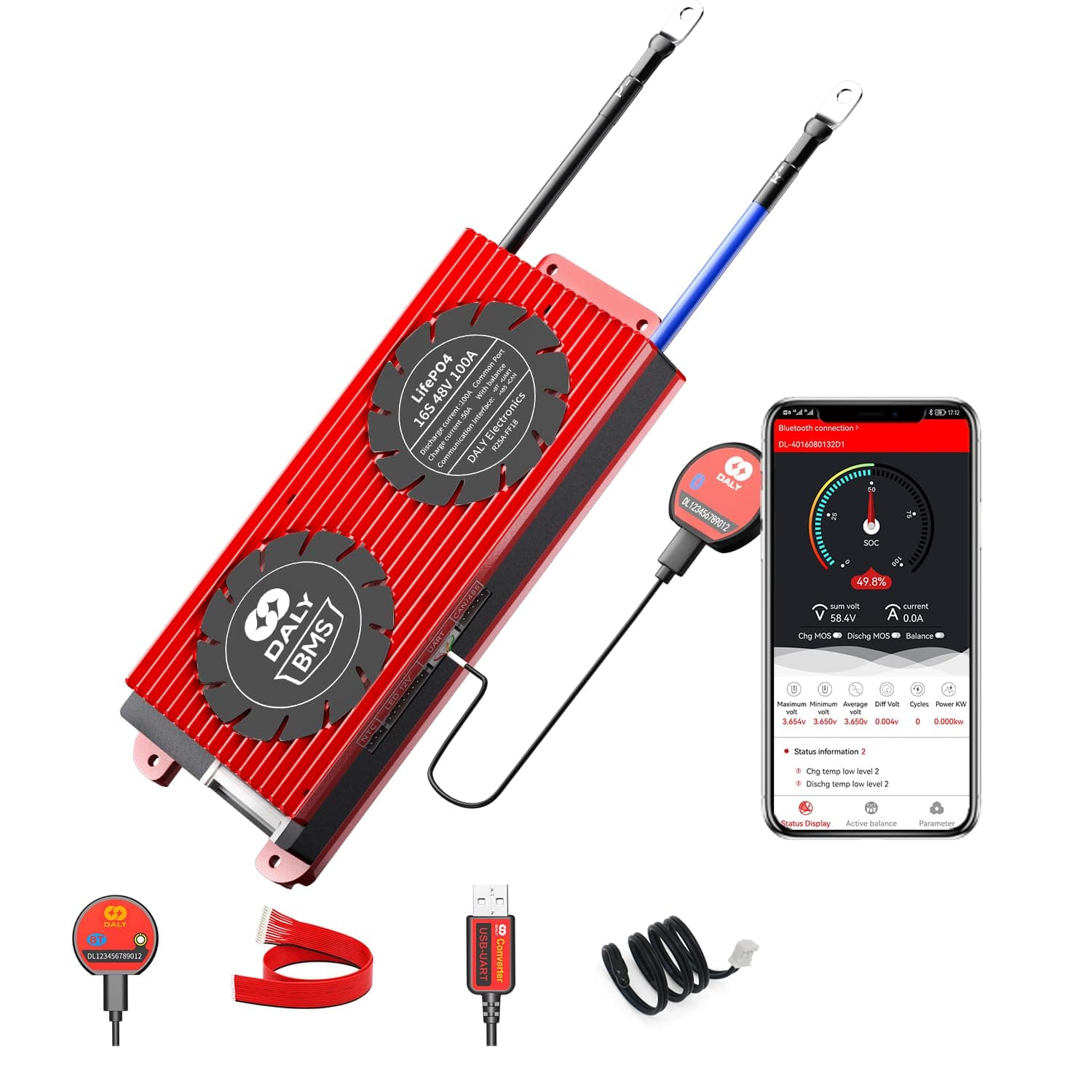 DALY BMS 16S 48V 100A LiFePO4 PCB Protection Board with Balance Leads Wires 3.2V Battery Protection Module Smart BMS for 18650 Battery Pack 48V with UART