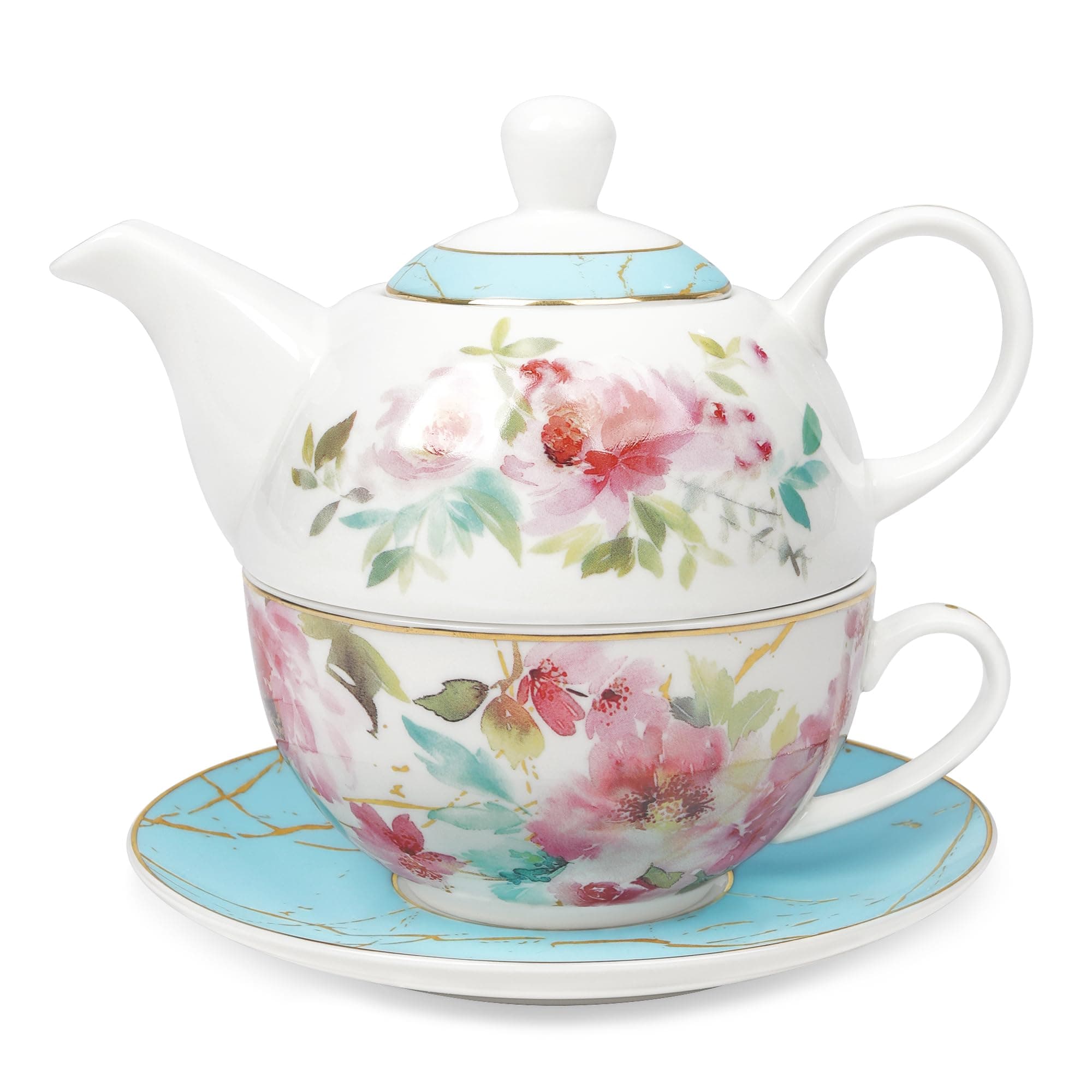 fanquare Pink Floral Teapot, Tea Cup and Saucer Set with Gold Trim, Porcelain Tea for One Tea Set for Gift, Blue