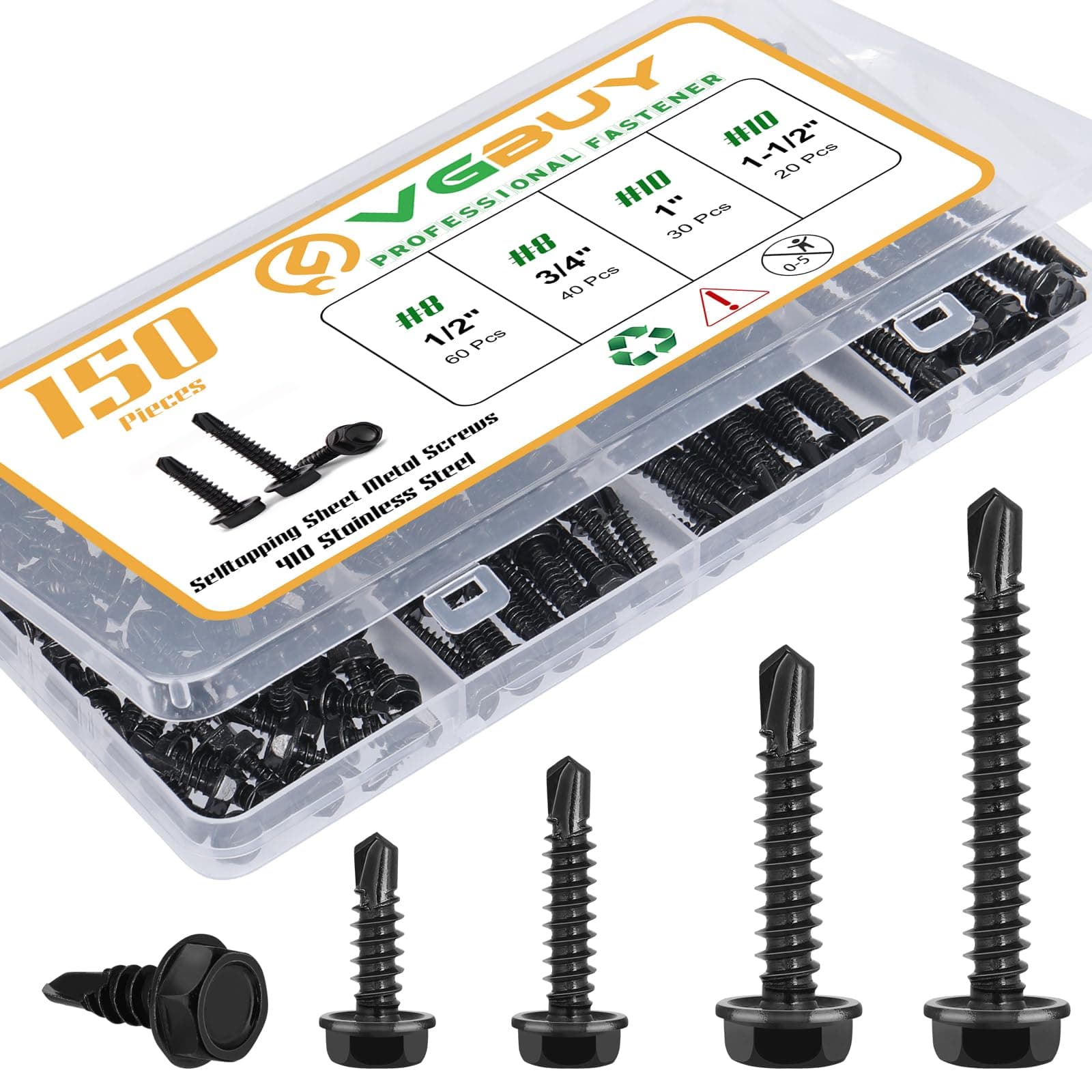 150Pcs Self Drilling Screws Assortment Kit, 410 Stainless Steel Self Tapping Sheet Metal Screws, Black Zinc Plated, #8 1/2" 3/4" #10 1" 1-1/2", Hex Washer Head