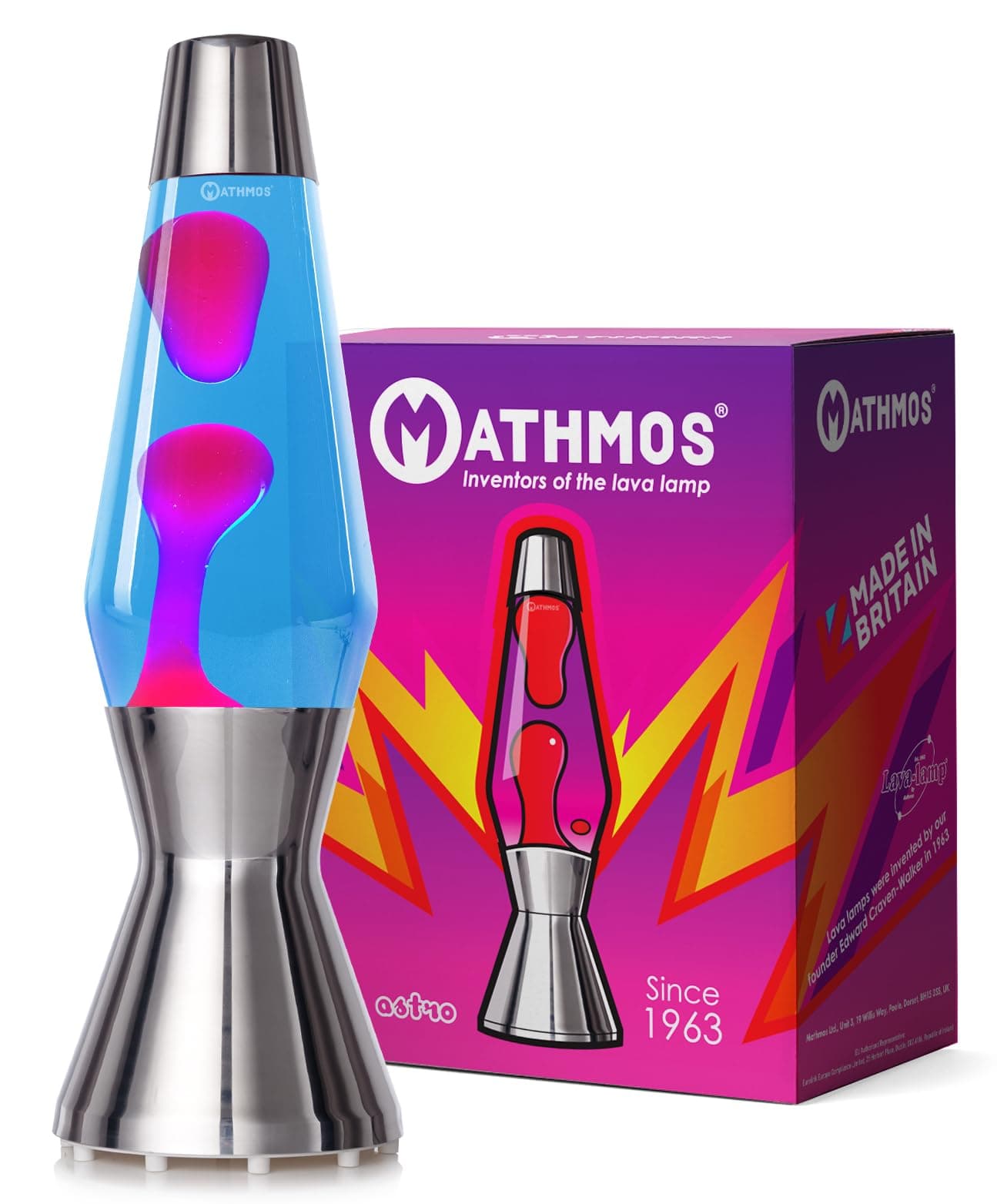 MATHMOS Astro Lava Lamp in Silver | UK Inventors of The 1963 Design Classic | Blue & Pink Lava Lamps Handmade in Britain to The Highest Safety Standards