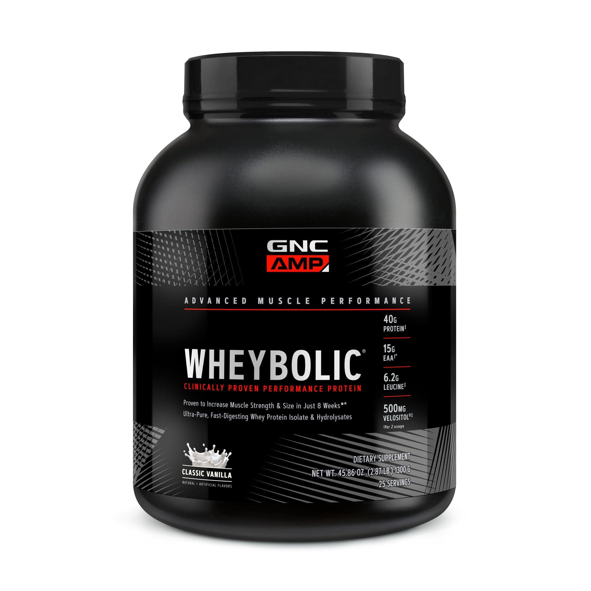 AMP Wheybolic Clinically Proven Protein Powder, 40g Whey Protein, BCAA, Leucine, Increases Muscle Strength, Muscle Building, 3rd Party Tested, Gluten Free, Classic Vanilla, 25 Servings