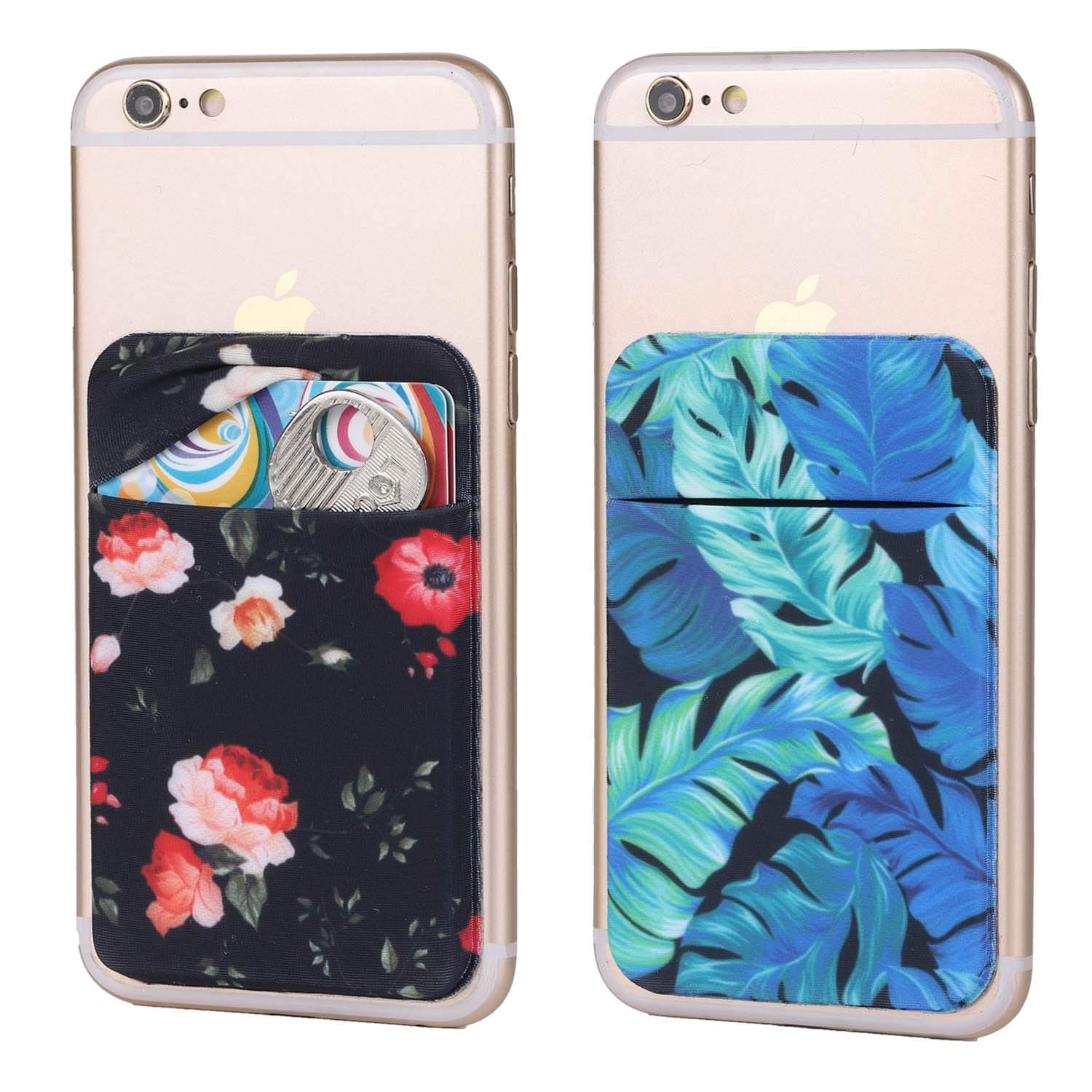 2Pack Adhesive Phone Pocket,Cell Phone Stick On Card Wallet Sleeve,Credit Cards/ID Card Holder(Double Secure) with Sticker for Back of iPhone,Android and All Smartphones (Rose Floral&Palm Leave)
