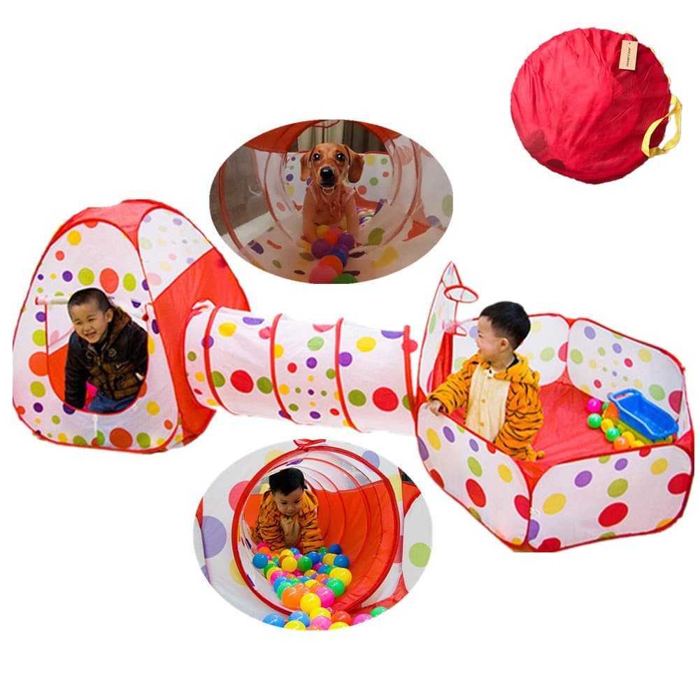 Baby Ball Pit Balls, SoulStore Kids Pop up Play House Tent Tunnel Pool Indoor and Outdoor Play Tent and Tunnel Easy Folding Cute Polka Dot 3 in 1 Play House Children's Playground with Zippered Storage Bag
