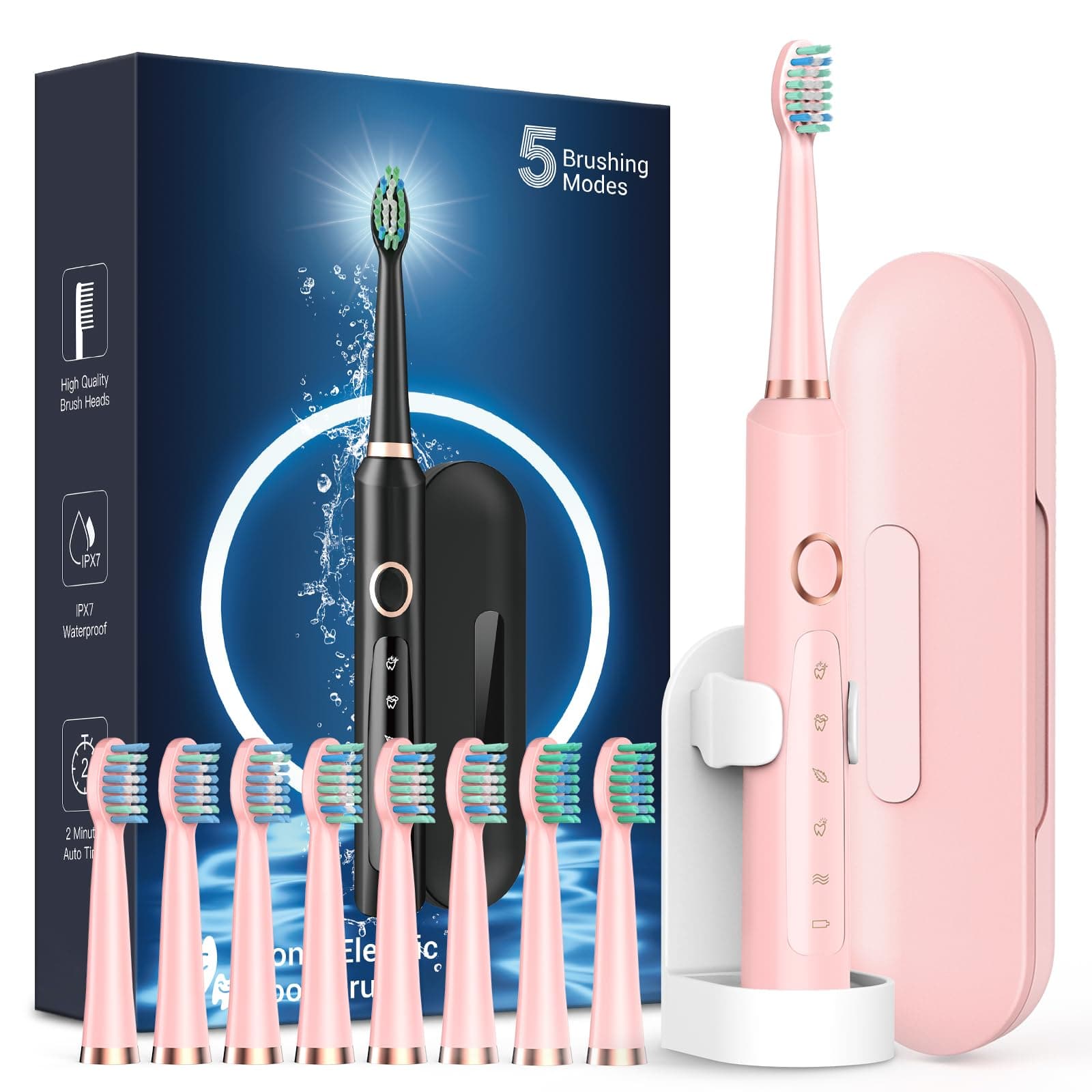 Rtauys M5 Sonic Electric Toothbrush for Adults and Kids - Rechargeable Electric Toothbrush Kids Ages 12+ and Adults with 8 Brush Heads & Travel Case, 120 Days Battery Life - Pink