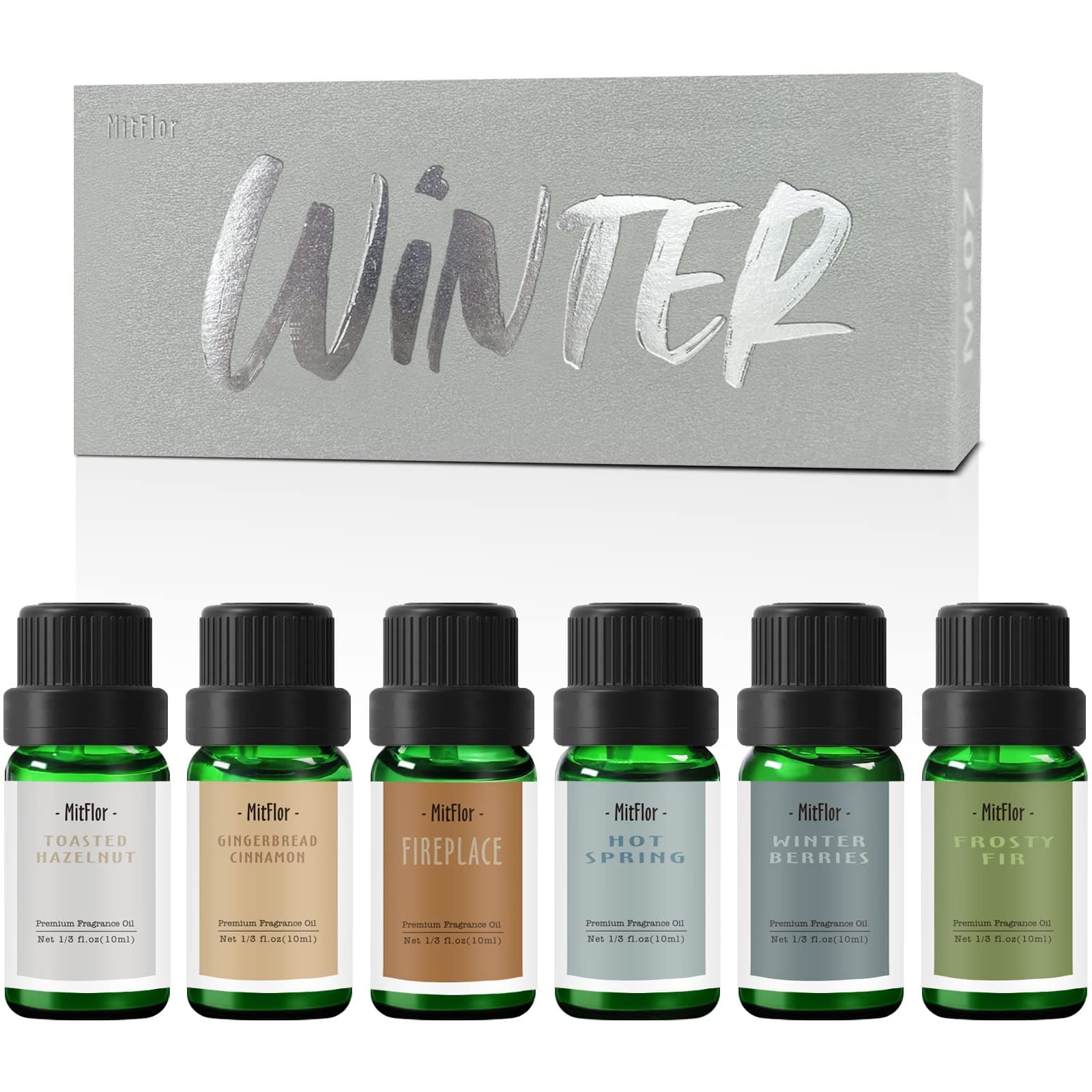 Fragrance Oils, MitFlor Winter Essential Oils for Diffusers for Home, 6 x10ml, Soap & Candle Making Scents, Premium Holiday Aromatherapy Gift Set -Frosty Fir, Hot Spring, Fireplace & More