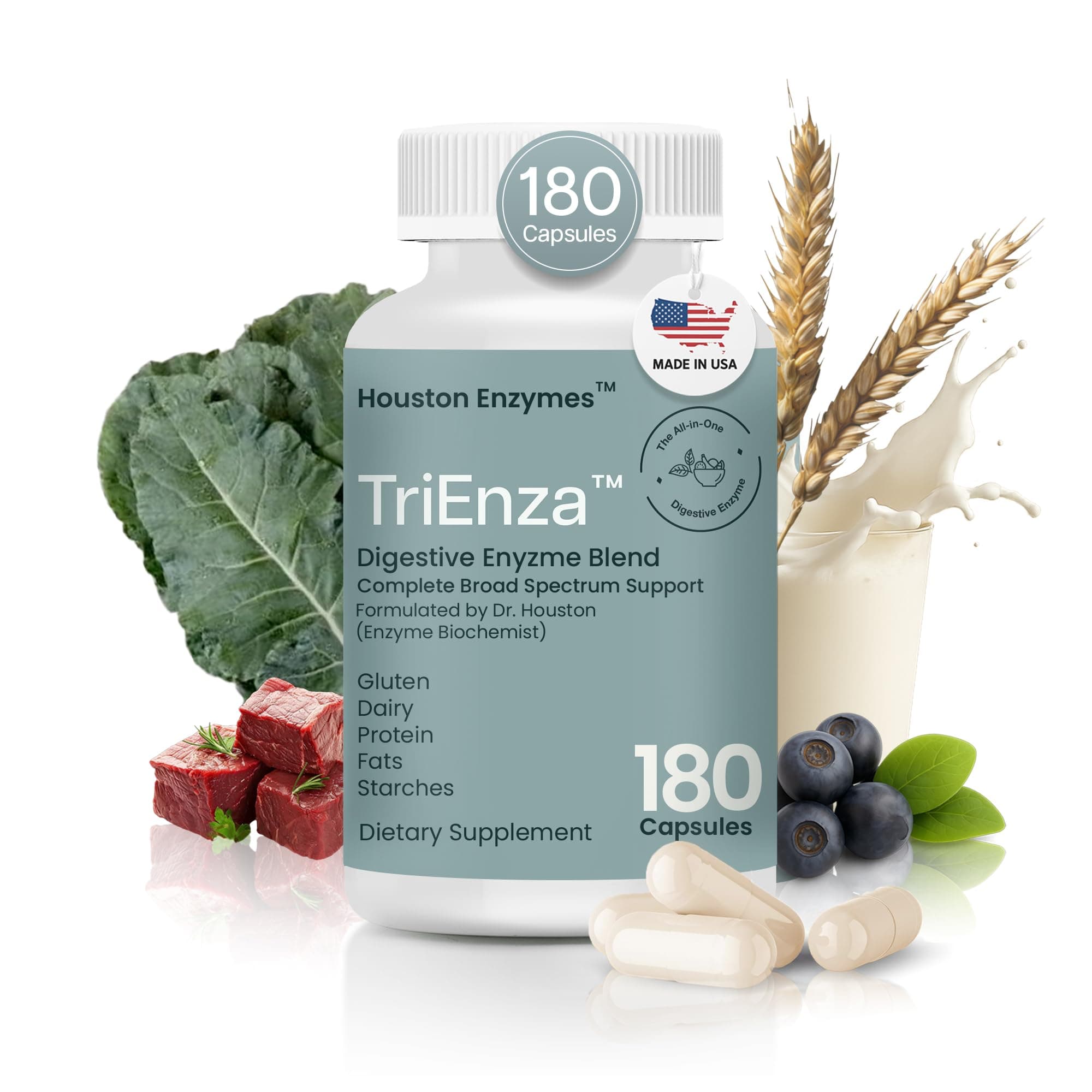 Houston Enzymes, TriEnza, Enzyme For Digestive Intolerances, 180 Capsules