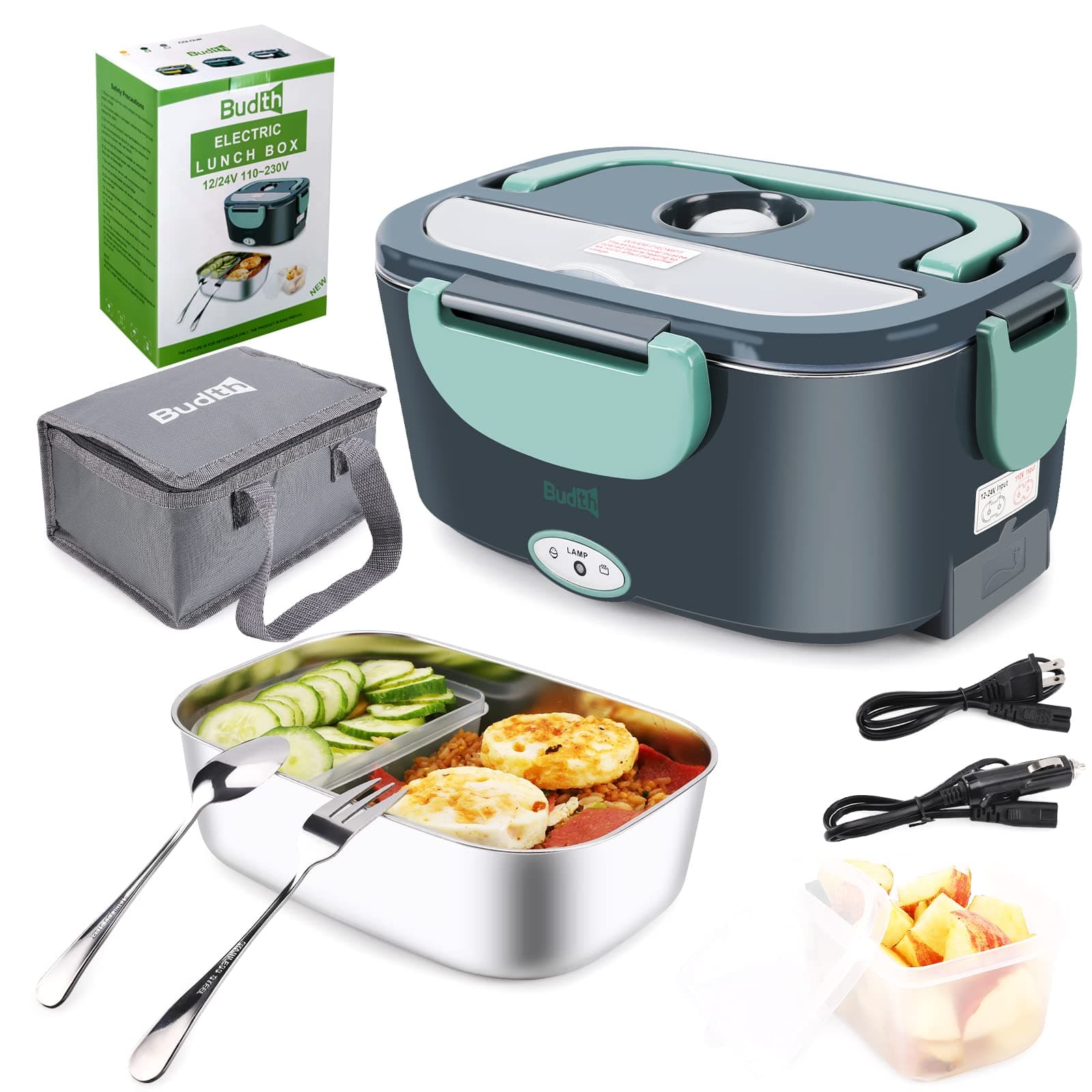 80W Electric Lunch Box, Portable Food Warmer for Car Truck Office Construction Site, 12V 24V 110-230V Adapter, Leak Proof, 304 Stainless Steel Container, SS fork & Spoon and Carry Bag (Green)