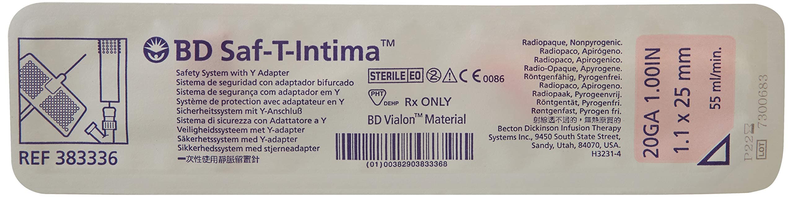 Medical Systems 383336 Saf-T-Intima IV Catheter Safety System, Y Adapter and Needle Shield, 20 Gauge x 1.00" Size, Vialon Biomaterial (Box of 25)
