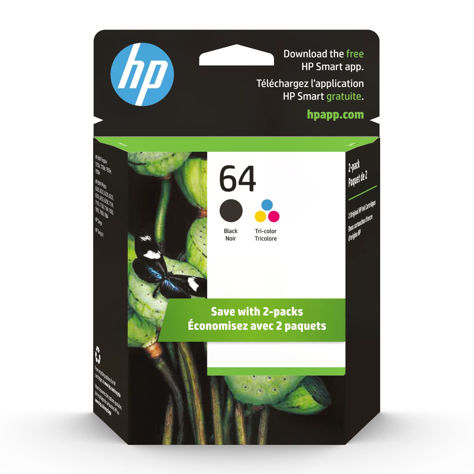 HP 64 Black & Tri-Color Ink Cartridges Printers (Combo Pack) | Works with Printer Series: Inspire 7950e; Envy Photo 6200, 7100, 7800; Tango | Eligible for Instant Ink | X4D92AN