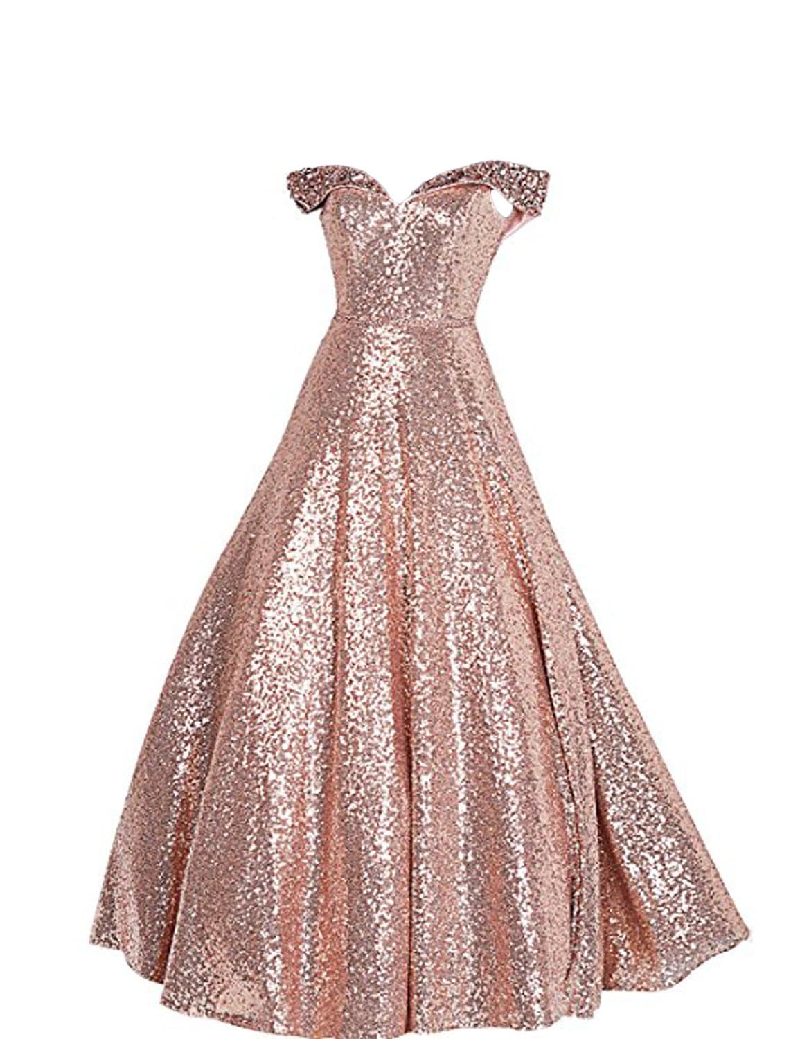Sequin Prom Dresses Off The Shoulder Crystal Beaded Swing Ball Gown Long P104