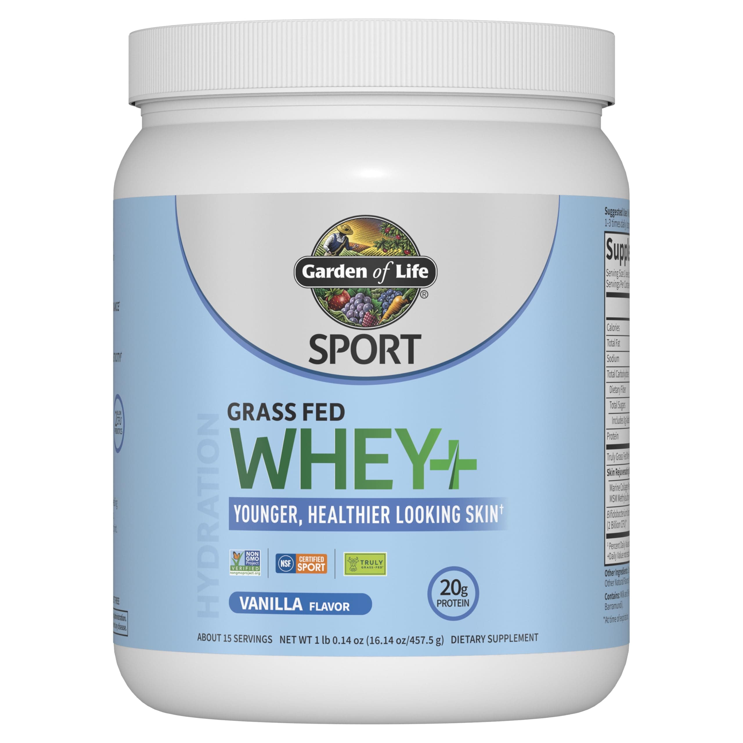 SPORT Whey Protein Powder Vanilla Flavor 20g Plus Marine Collagen Peptides & MSM for Women and Men, Optimum Amino Energy, Younger, Healthier Looking Skin - Grass Fed, About 15 Servings