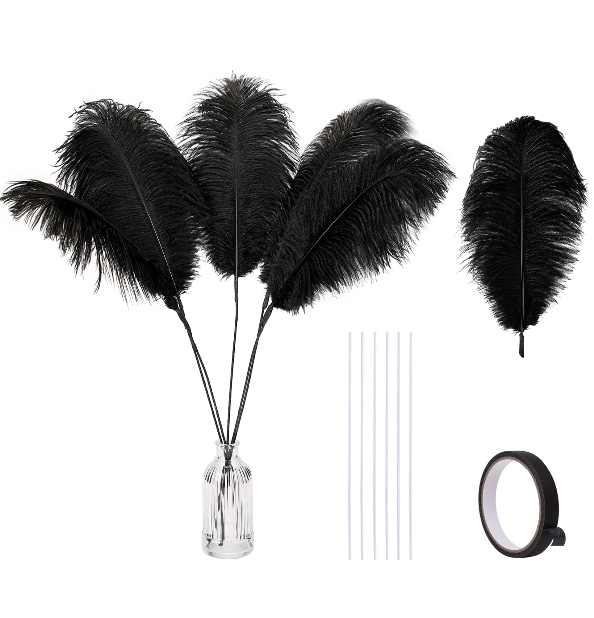 Black Ostrich Feathers Bulk - 20pcs Making Kit 22 Inch Natural Ostrich Feathers for Vase, Floral Arrangement, Wedding Party Centerpieces and Halloween Home Decor (Black)