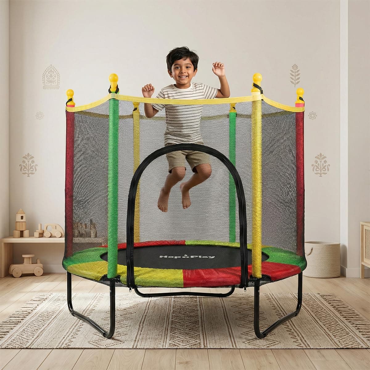 Hop N Play 55-Inch Trampoline for Kids & Adults with Safety Net | Indoor Mini Trampoline with U-Shaped Legs | Foldable & Safe Jumping for Home Use || Best Gift for Kids || 120 kgs Capacity (4.5 Feet)