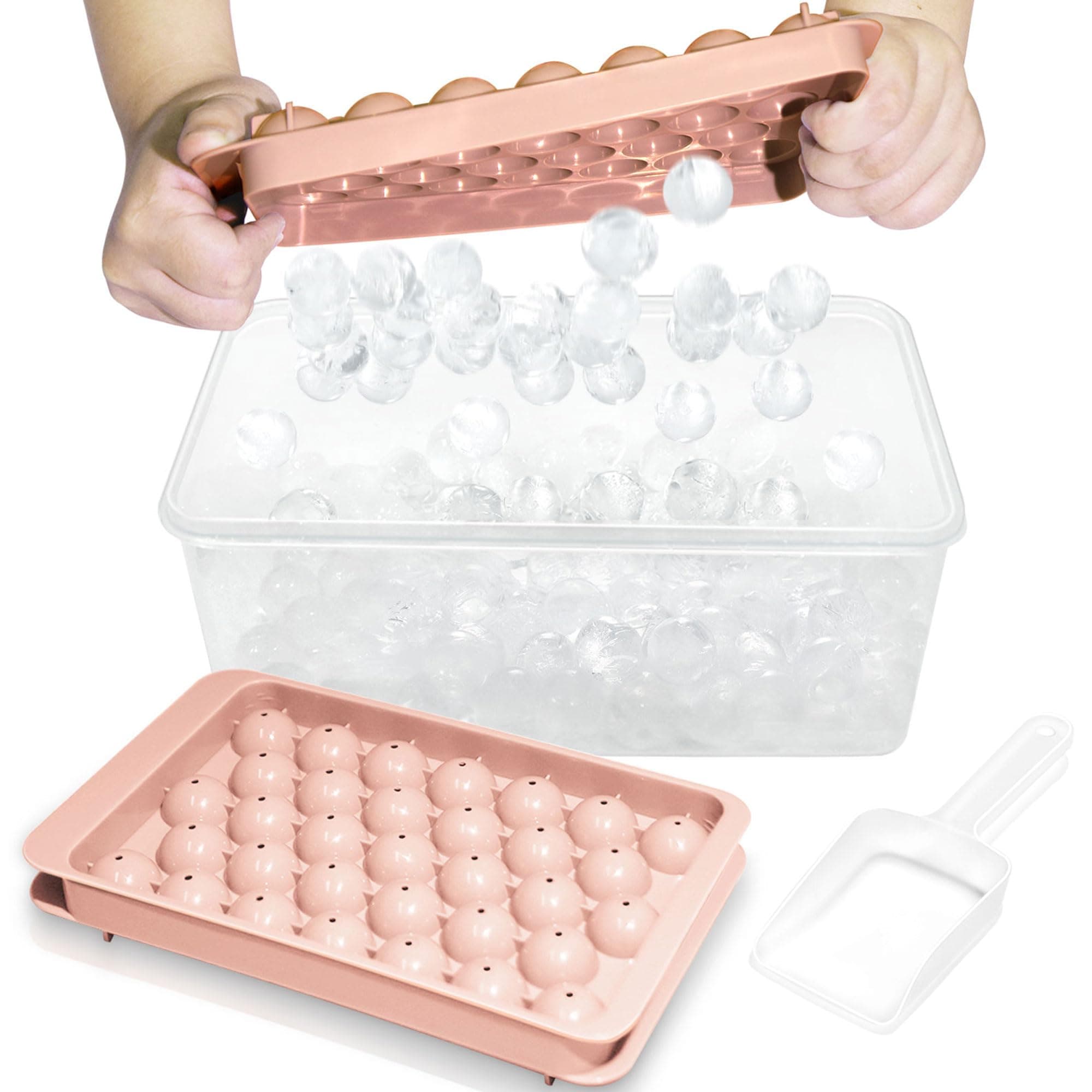 Round Ice Cube Tray With Lid, Container, and Spoon - Mini Sphere Molds for Freezer, Cocktails, Whiskey, Tea, Coffee (3 Pink Trays, 1 Ice Bucket)