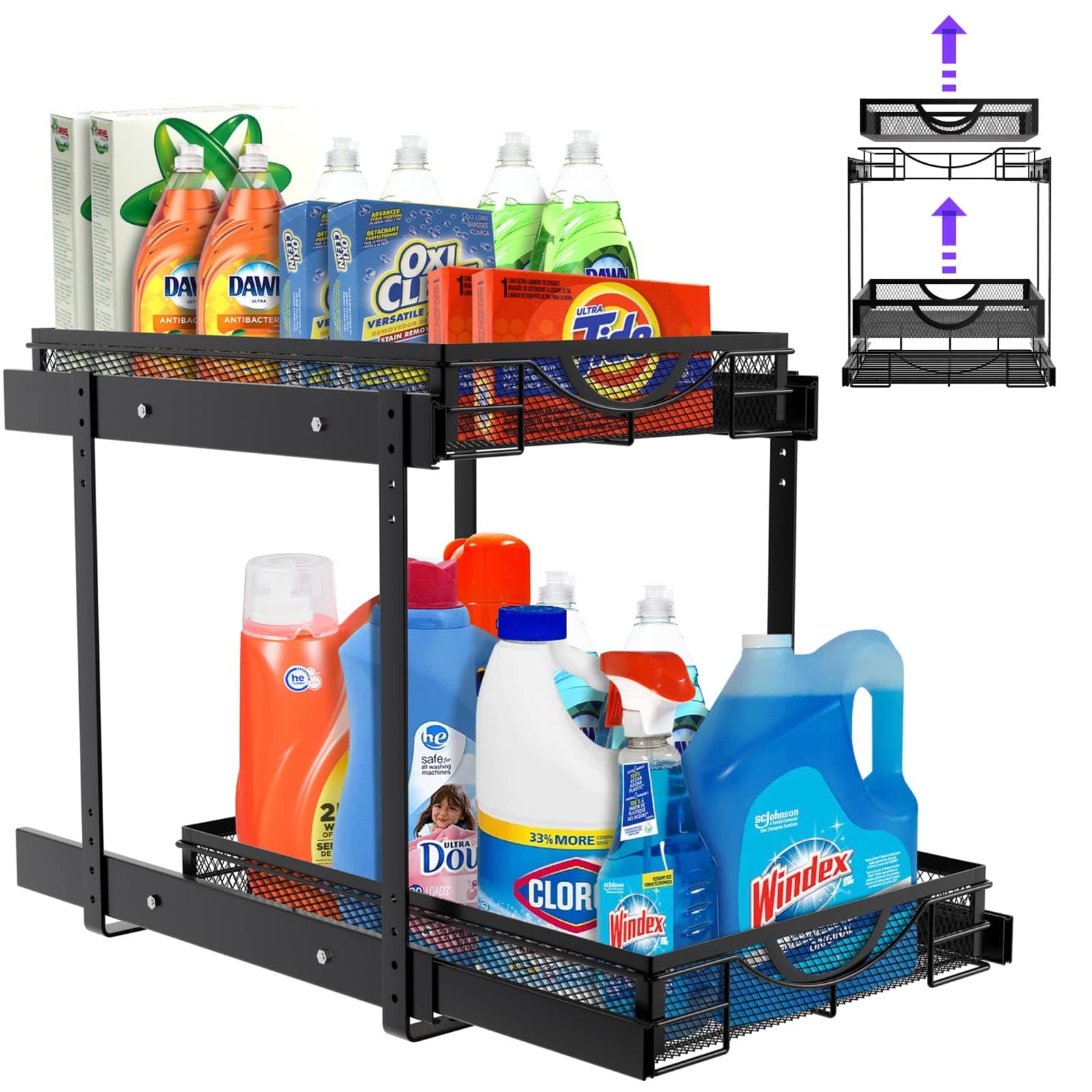 Spacenetic 2-Tier Pull Out Cabinet Organizer - Under Sink Organizer - Slide Out Pantry Shelves - Cabinet Pull-Out Shelves for Kitchen Cabinets - Adjustable Steel Organizer for Home - 12.2 x16.4 x 14.3