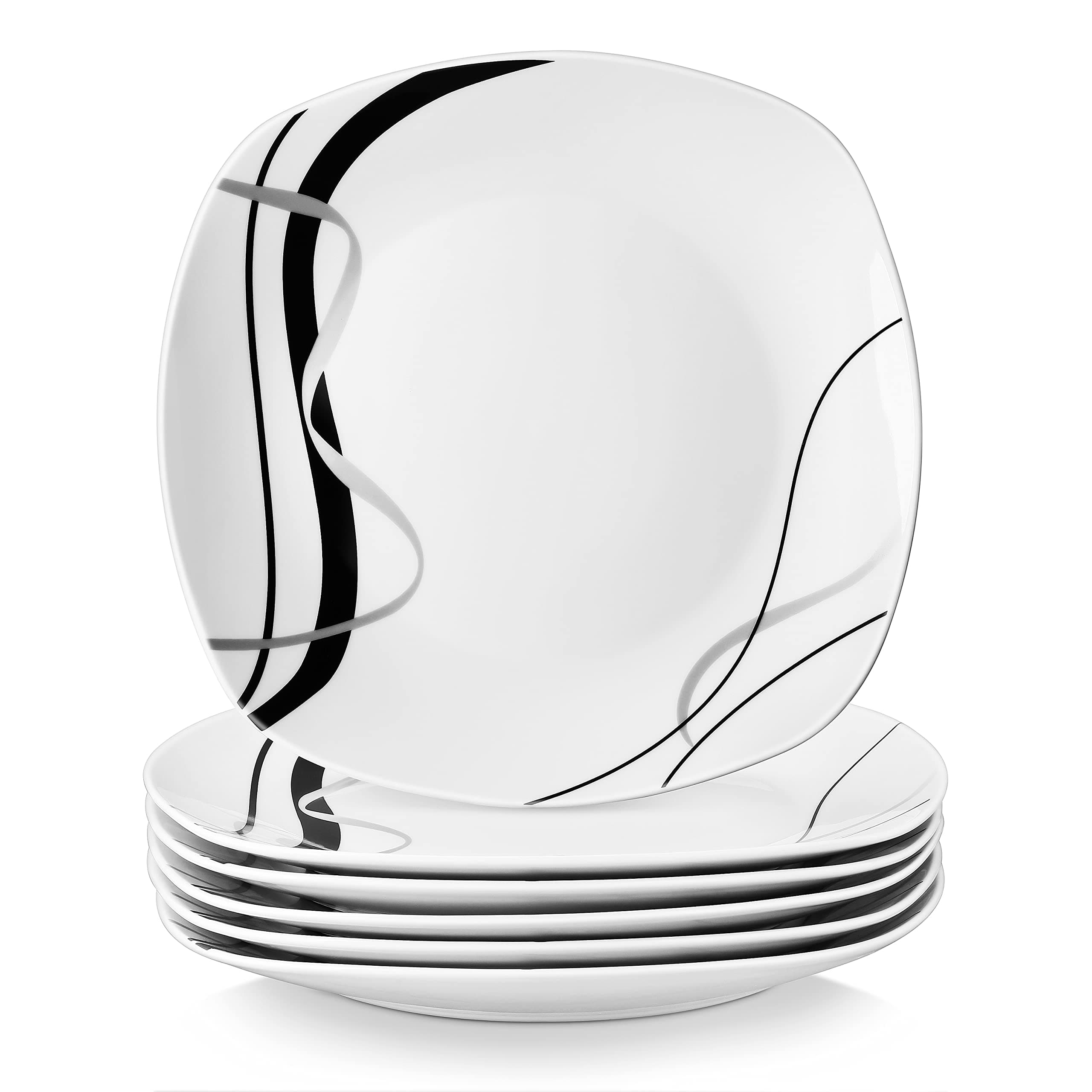 VEWEET 'Fiona' 6-Piece 9.75" Dinner Plate Ivory White Porcelain Black Decals Round Plates Dinning Set Ketchen Service Porcelain China Dinner Plate (24.7 * 24.7 * 2.2)