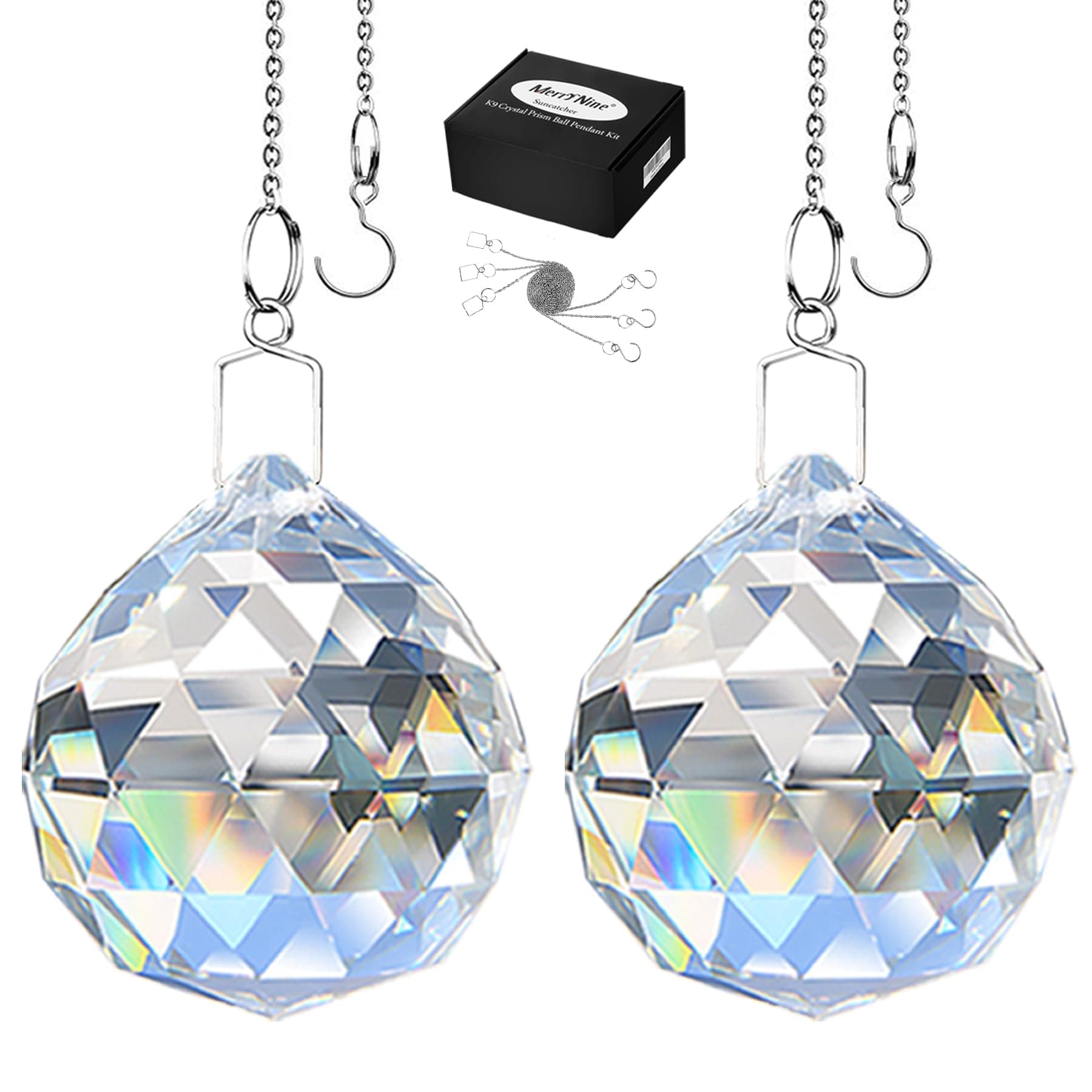 MerryNine 2 Pack Crystal Ball Prism Sun Shine Catcher Rainbow Pendants Maker, Hanging Crystals Prisms for Windows, for Feng Shui, for Gift (Clear) (50mm/2.0")