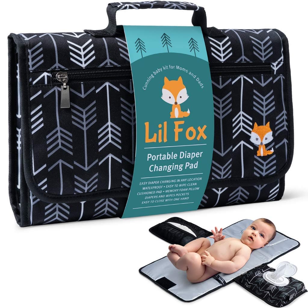 Portable Diaper Changing Pad by Lil Fox | Use One Handed | Waterproof Portable Changing Mat for Moms, Dads & Babies | Memory Foam Baby Head Pillow; Pockets for Diapers, Wipes and Creams