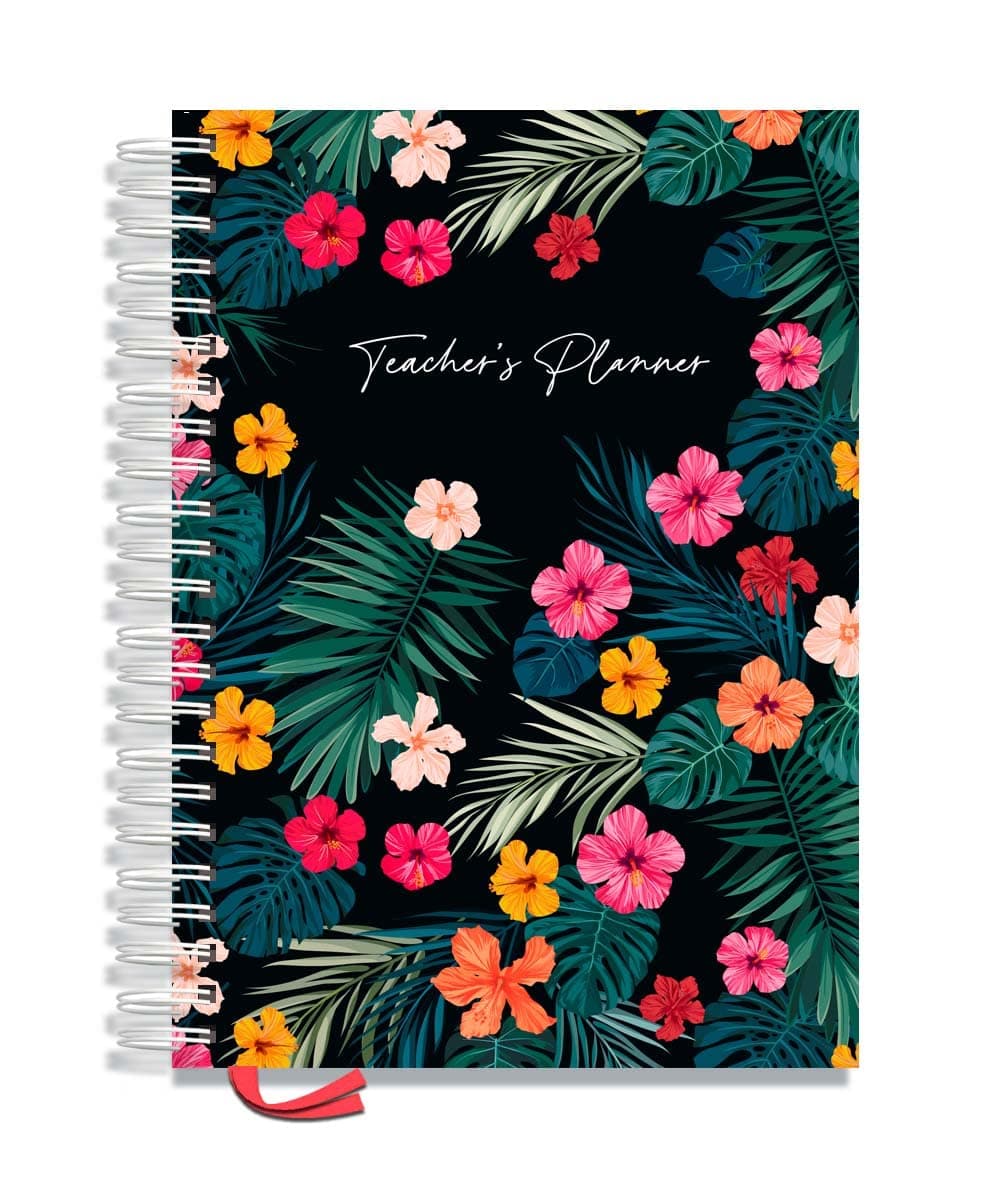 Teacher Planner 2025-2026 A4 size by Pirongs | 6 Lesson Planner for Teachers | Page a day | Undated, Hardback, Wiro-bound Teachers Planner - Tropical Floral