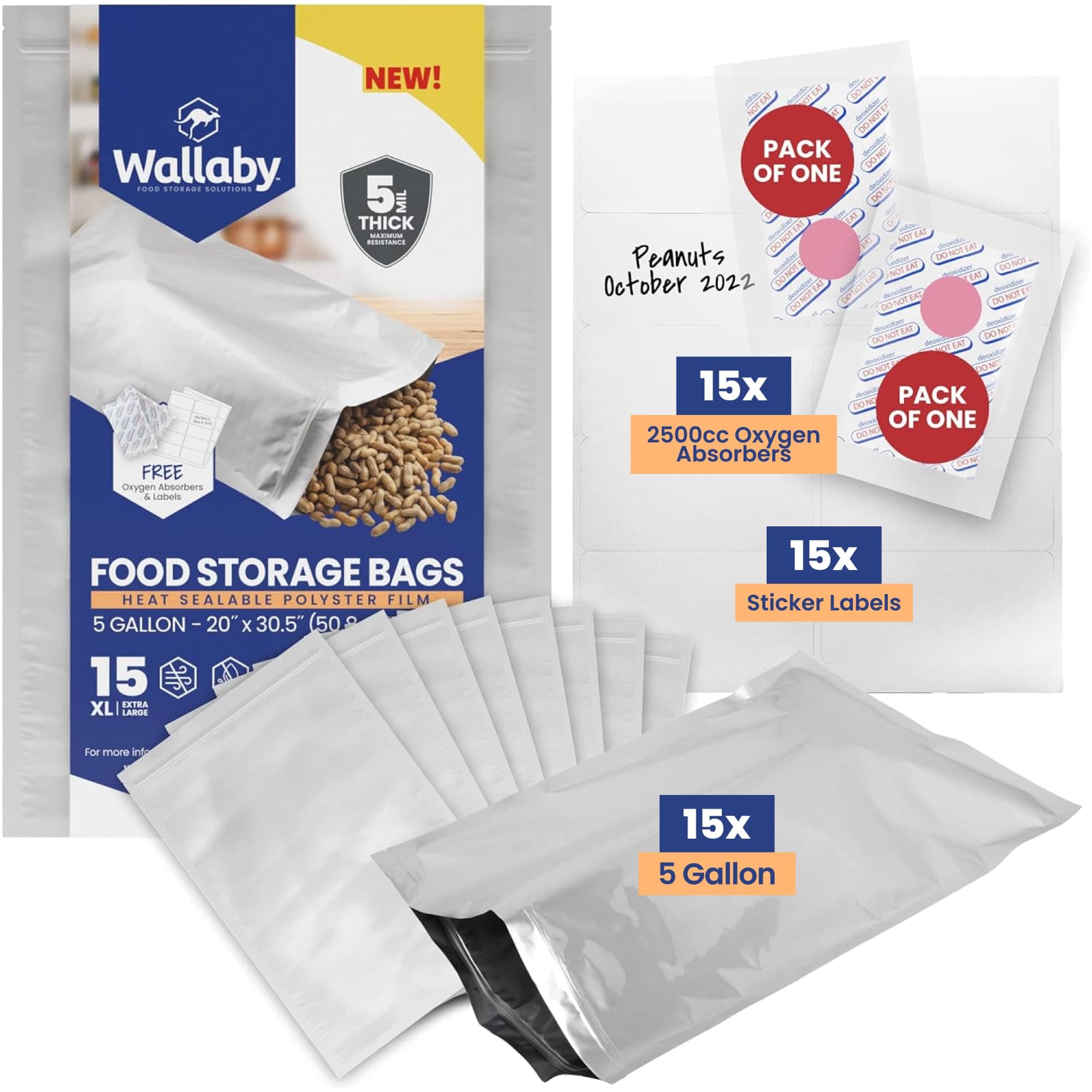 Wallaby 15 Pack 5 Gallon Mylar Bags with 2500cc Oxygen Absorbent, 10 Mil Total Thick Long Term Food Storage Pouches, 20x30 Inches, Resealable Zipper Heat Sealable, Airtight Packaging - Silver