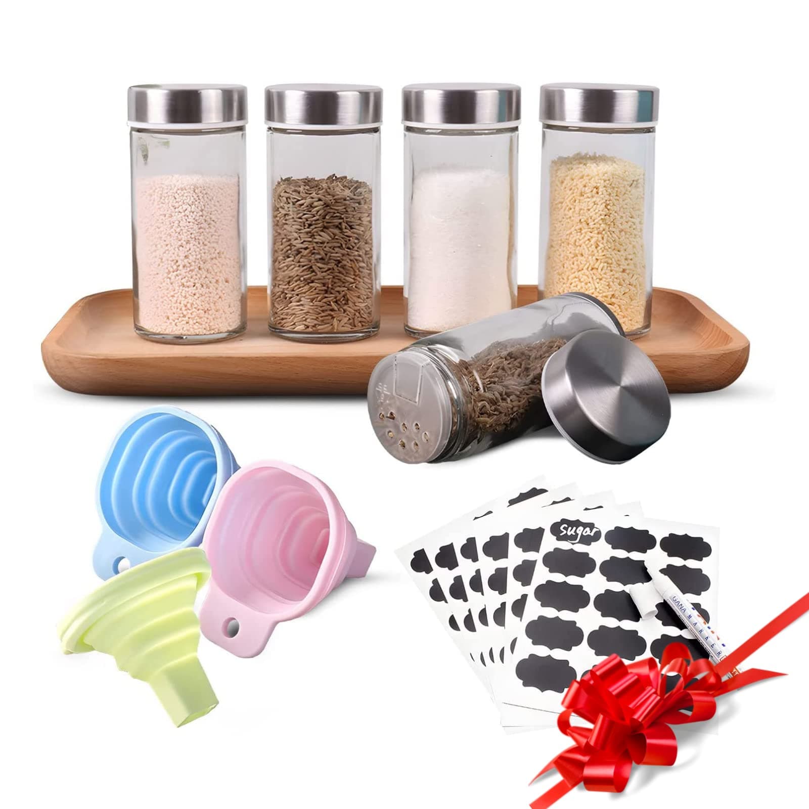 Set of 5 Glass Spice Jars with Airtight Lids and Labels, GOODDA Seasoning Bottle for Food Storage, Home and Kitchen Storage Containers With Funnel & Sift and Pour Shaker Lid For Candy/Sugar/Nuts/Honey
