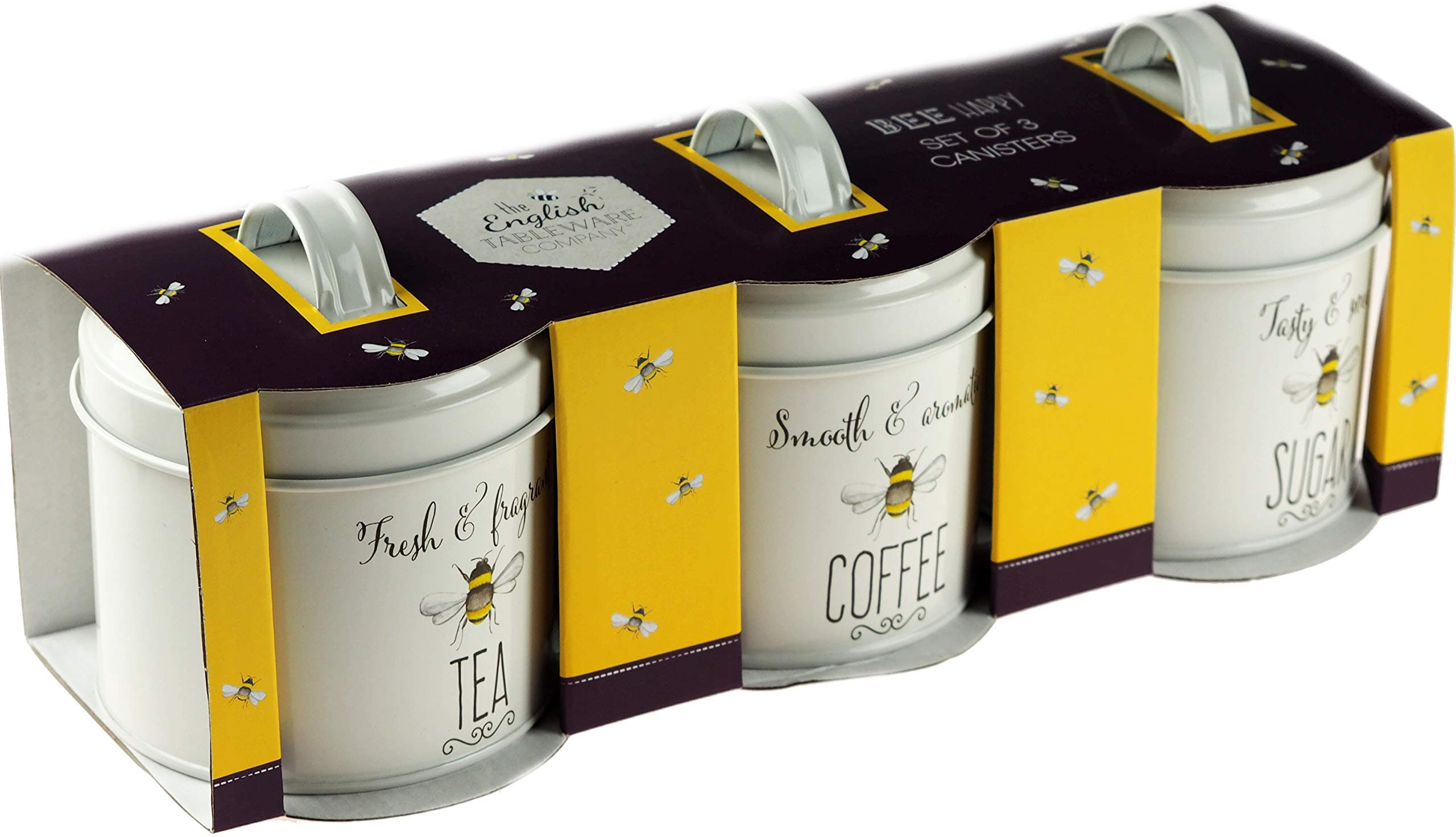 English Tableware Co Set of 3 Bee Happy Enamel Tea Coffee Sugar Storage Canisters