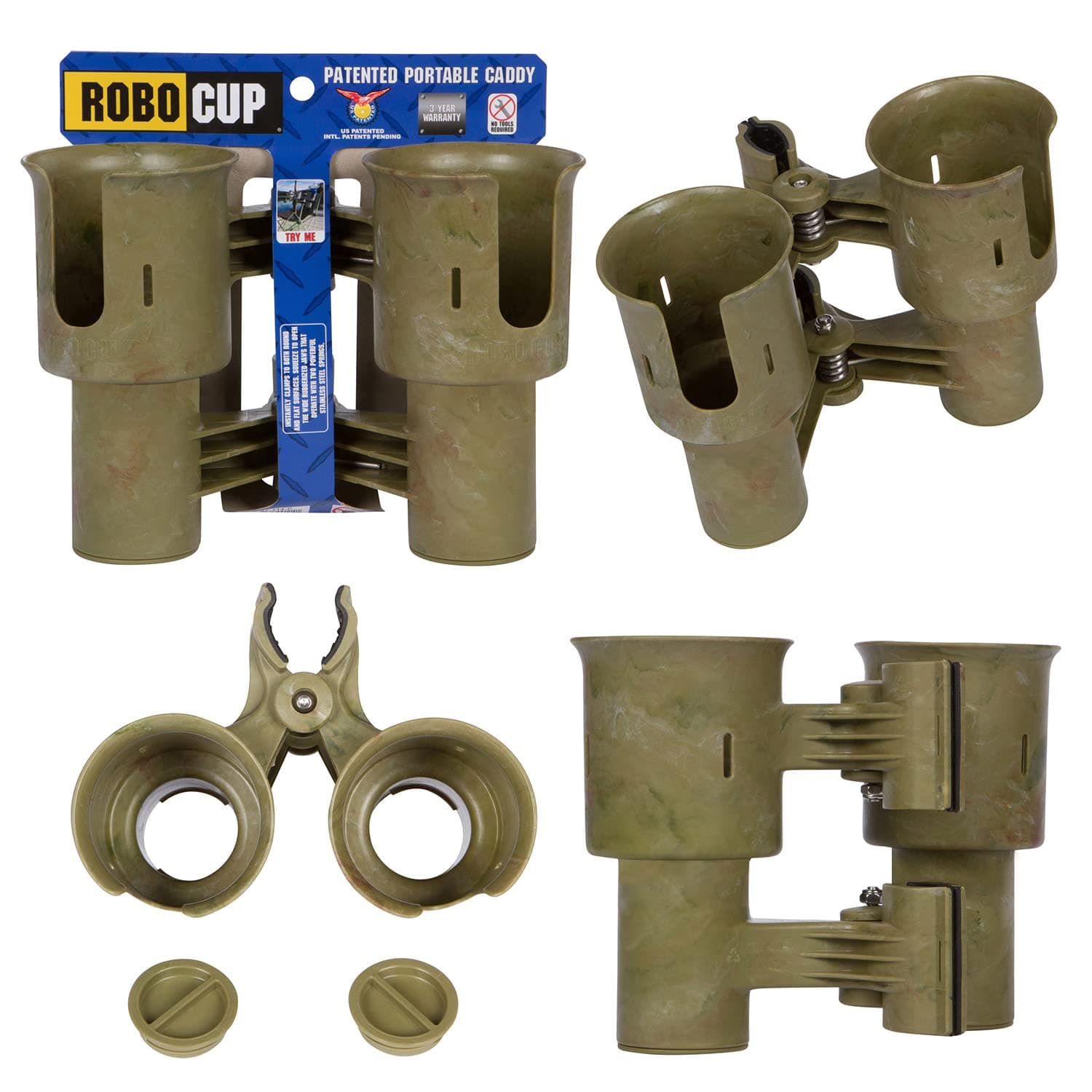 (Camo), Patented Boat Cup Holder, Clamp on Portable Storage Caddy Securely Holds 2 Drinks, Fishing Poles, Tools, Marine Gear | Perfect for Boating, Beach Umbrellas, Golf Carts