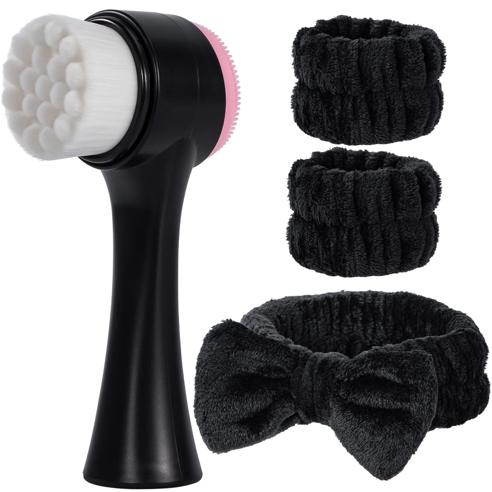 Facial Cleansing Brush 2 in 1, Silicone Face Scrubber Dual Face Brush for Deep Pore Cleansing and Exfoliating, Skincare Headband and Wristbands Set for Washing Face, Massaging Spa Makeup,Black