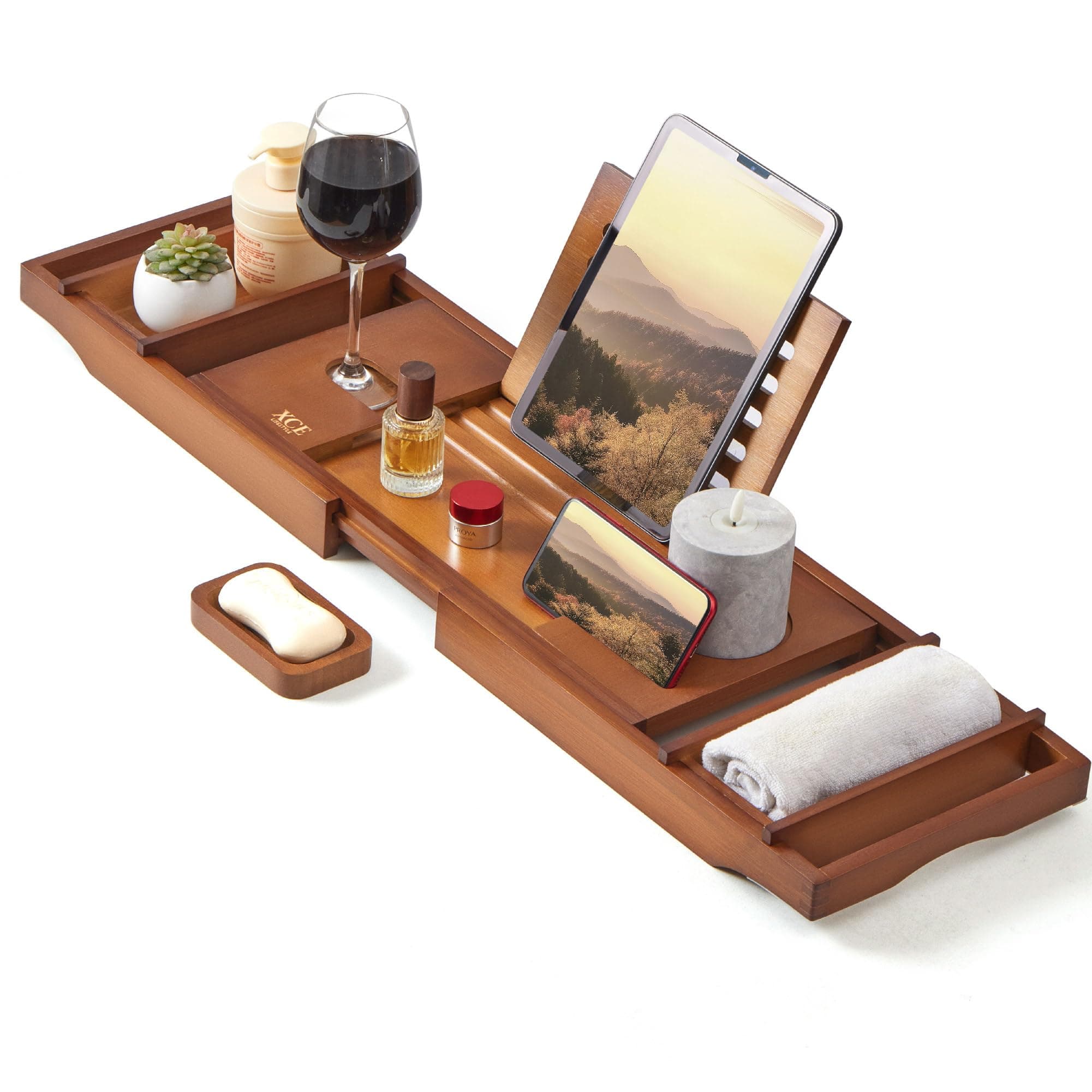XcE Bathtub Caddy Tray (Brown)- Bamboo Wood Bath Tray and Bath Caddy for a Home Spa Experience