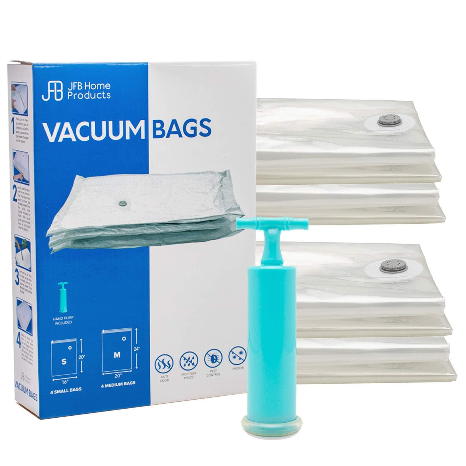 JFB Home - Vacuum Compression Bags for Travel - Triple Your Packing or Storage Space with Leakproof Space Saver Bags - Includes 4 Small, 4 Medium Bags Plus Hand Pump (Kit A)