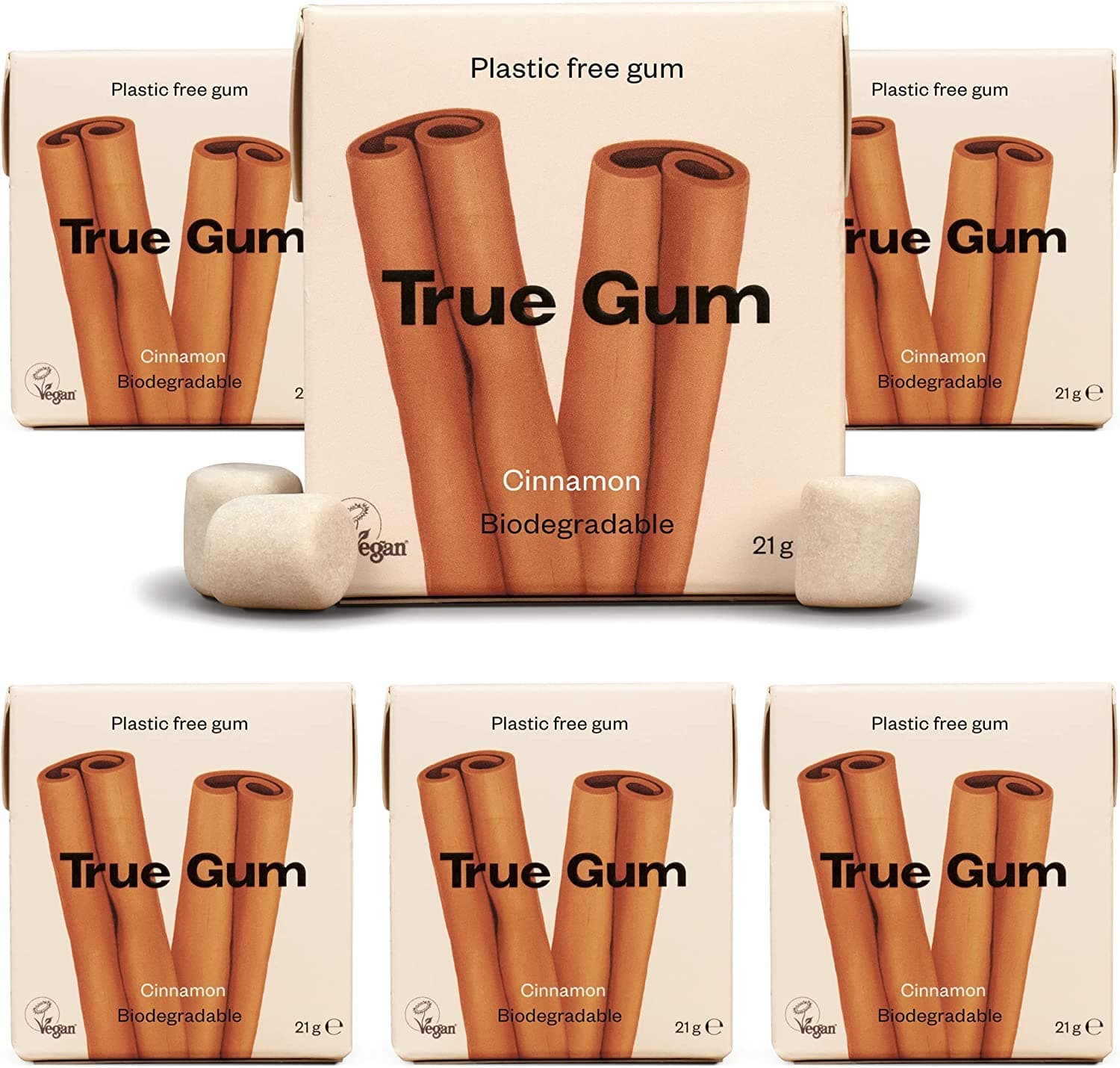 True Gum CINNAMON Flavour Chewing Gum (6-pack) | Plastic Free Xylitol Gum | Biodegradable Vegan Xylitol Chewing Gum | Plastic & Sugar Free Natural Chewing Gum with Plantbased Ingredients