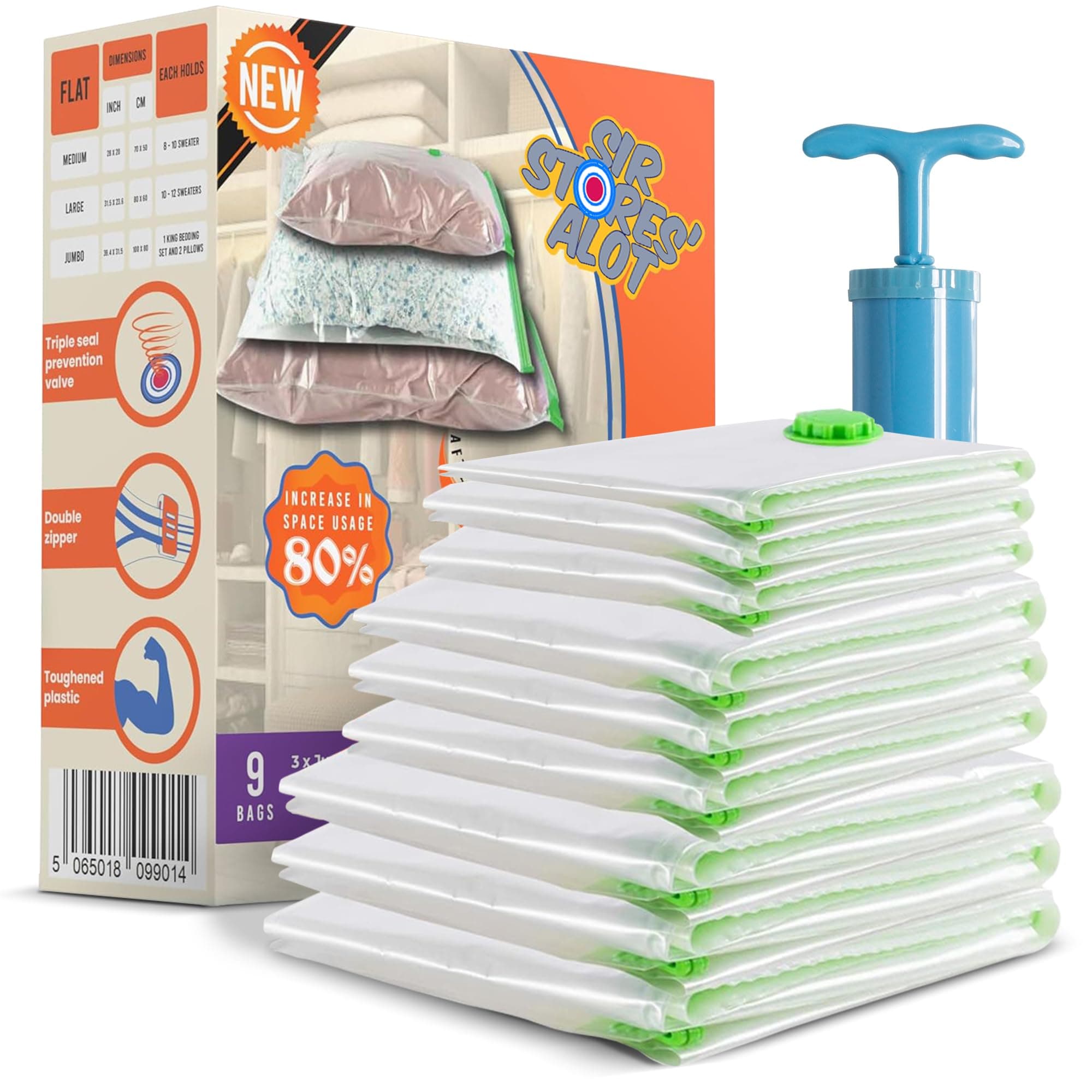 Sir Stores'alot Space Saver Vacuum Storage Bags 9-Pack - Reusable Storage Vacuum Bags for Clothes with Hand Pump - Clothing Storage Compression Bags in 3 Sizes - Versatile Home Storage Packing Bags