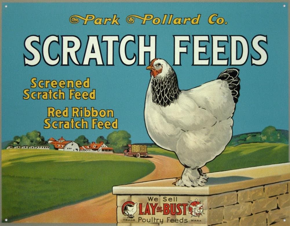 Scratch Feeds Poultry Chicken Food Farming Ad Vintage Tin Sign