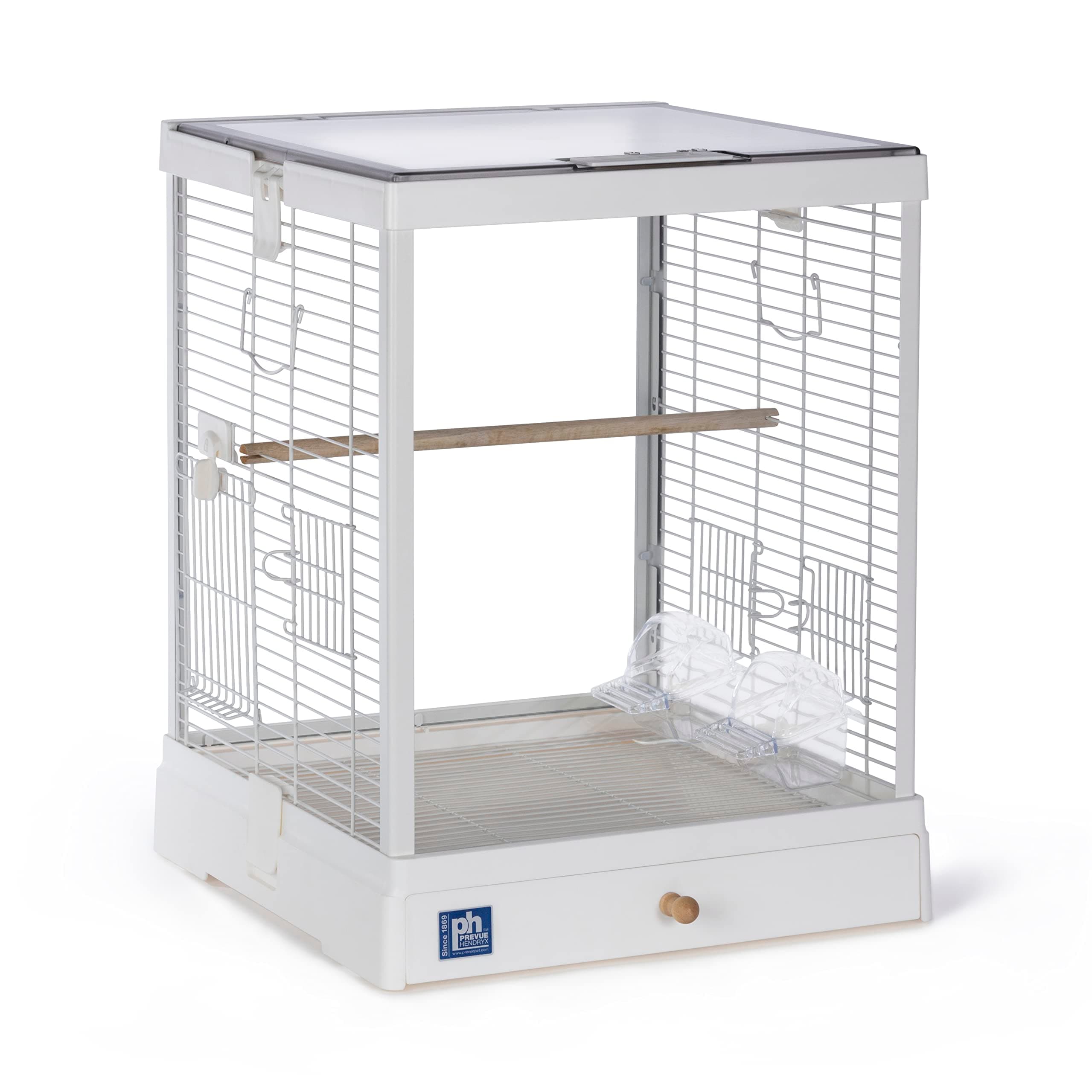 Pet Products Clear View Glass Bird Cage - Stand Alone Small Cage, Clear Acrylic Roof, Ideal for Parakeets, Budgies, Canaries, Finches, and Similarly Sized Birds - White