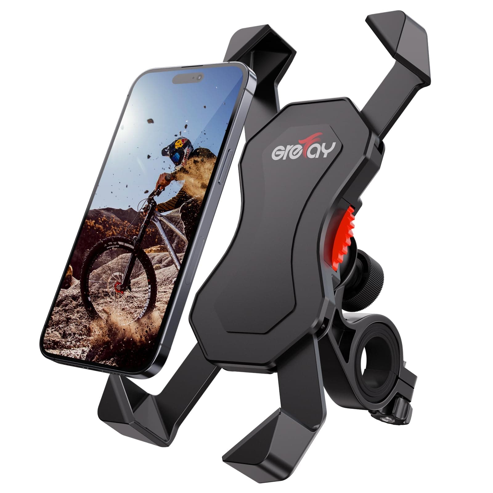 GREFAY Bike Phone Holder Motorcycle Phone Holder 360-Degree Rotatable Motorcycle Bicycle Handlebar Clamp for iPhone 16 15 14 Pro Max Plus, 13 12 11 Pro Max Mini, Xs XR X, SE, 3.5-6.5" Smartphone