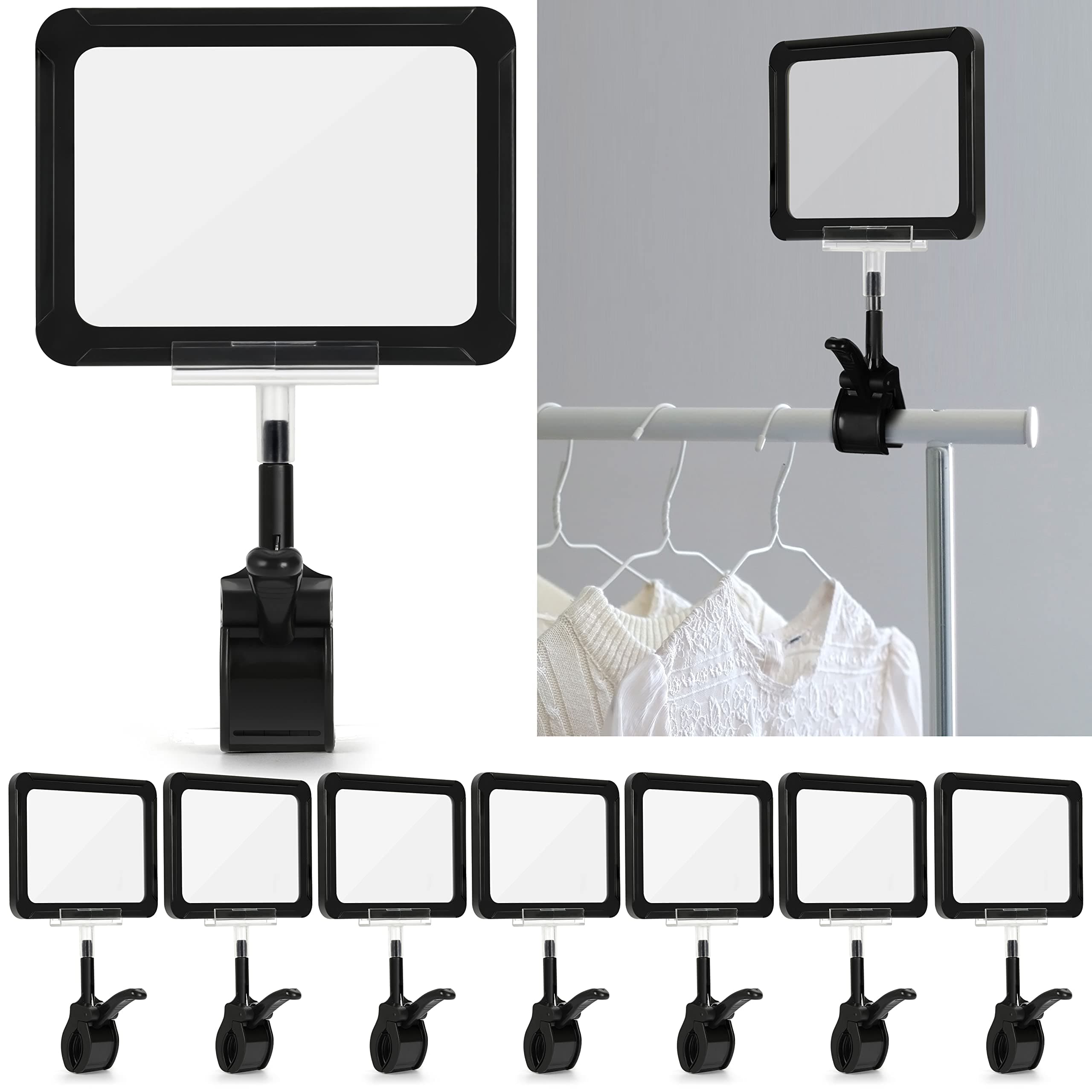 Mlici Acrylic Sign Holder with Clamp, 6 x 9 Inch Double Head Display Clips with PVC Card Protector, Rotating Sign Price Tag Clip On Sign Display for Hangrails or Tubes (Pack of 7) (Black)